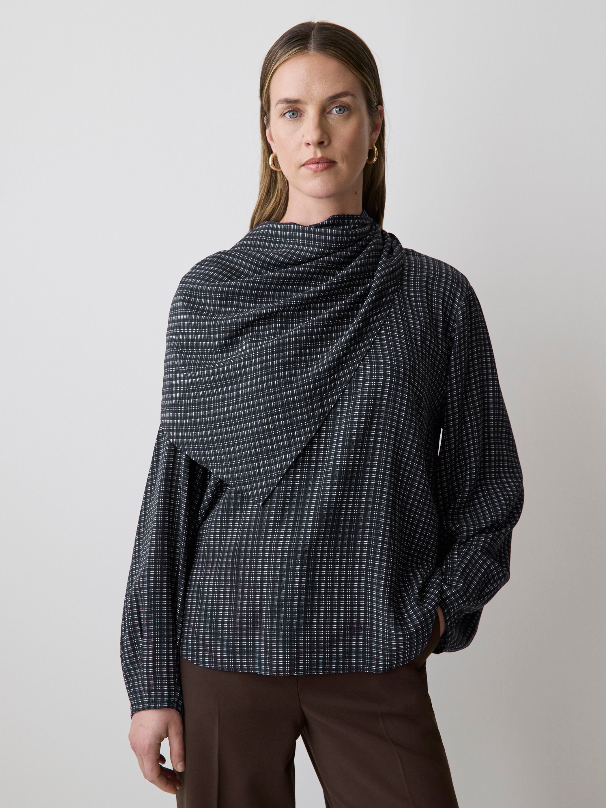 Long-Sleeve Popover Blouse with Scarf Neckline rw&co Great Value Deal