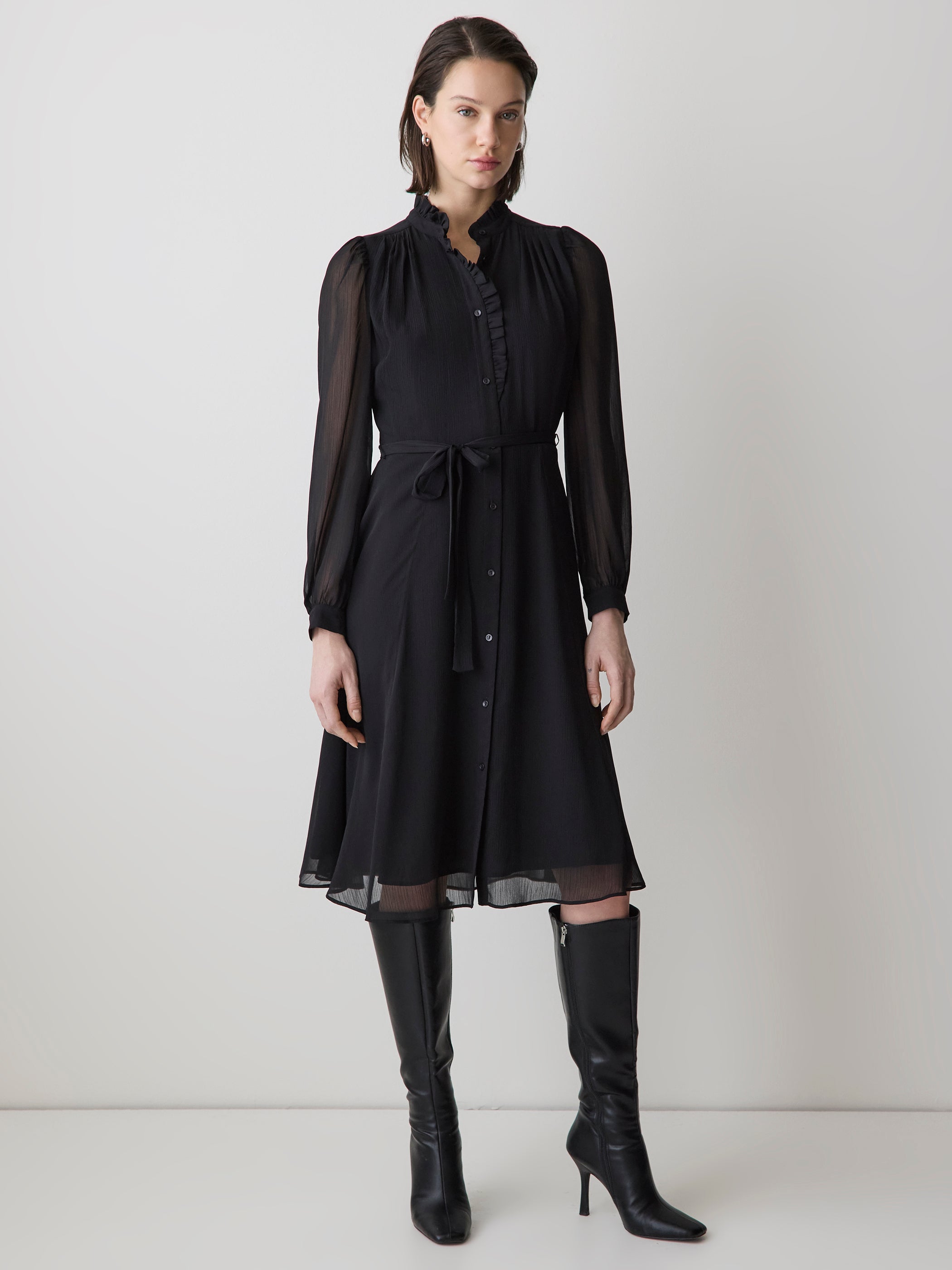 Long-Sleeve Mock-Neck Buttoned-Down Midi Dress rw&co Special Promo Price