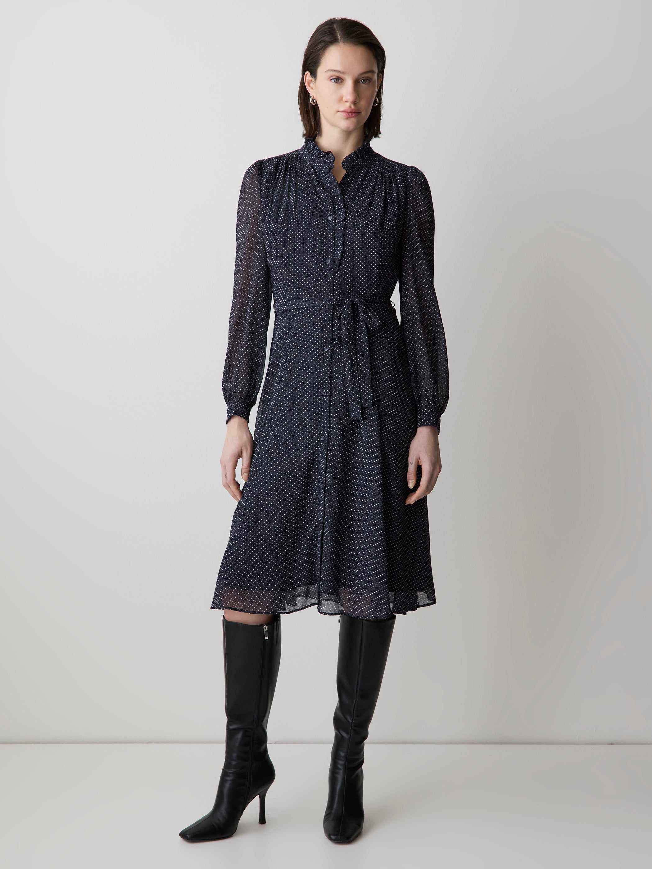 Long-Sleeve Mock-Neck Buttoned-Down Midi Dress rw&co Special Promo Price