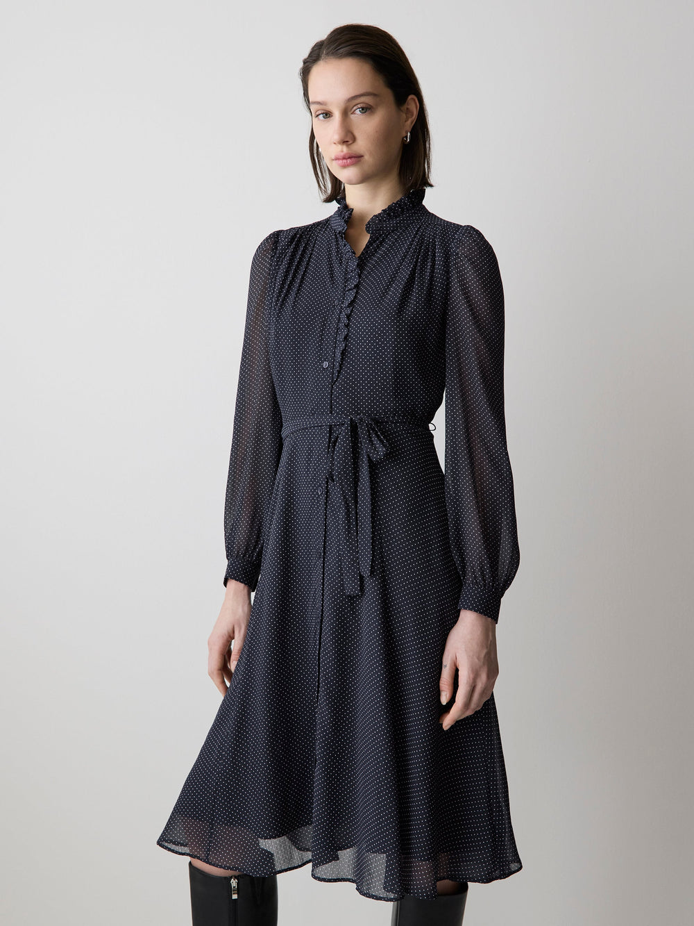 Long-Sleeve Mock-Neck Buttoned-Down Midi Dress rw&co Special Promo Price