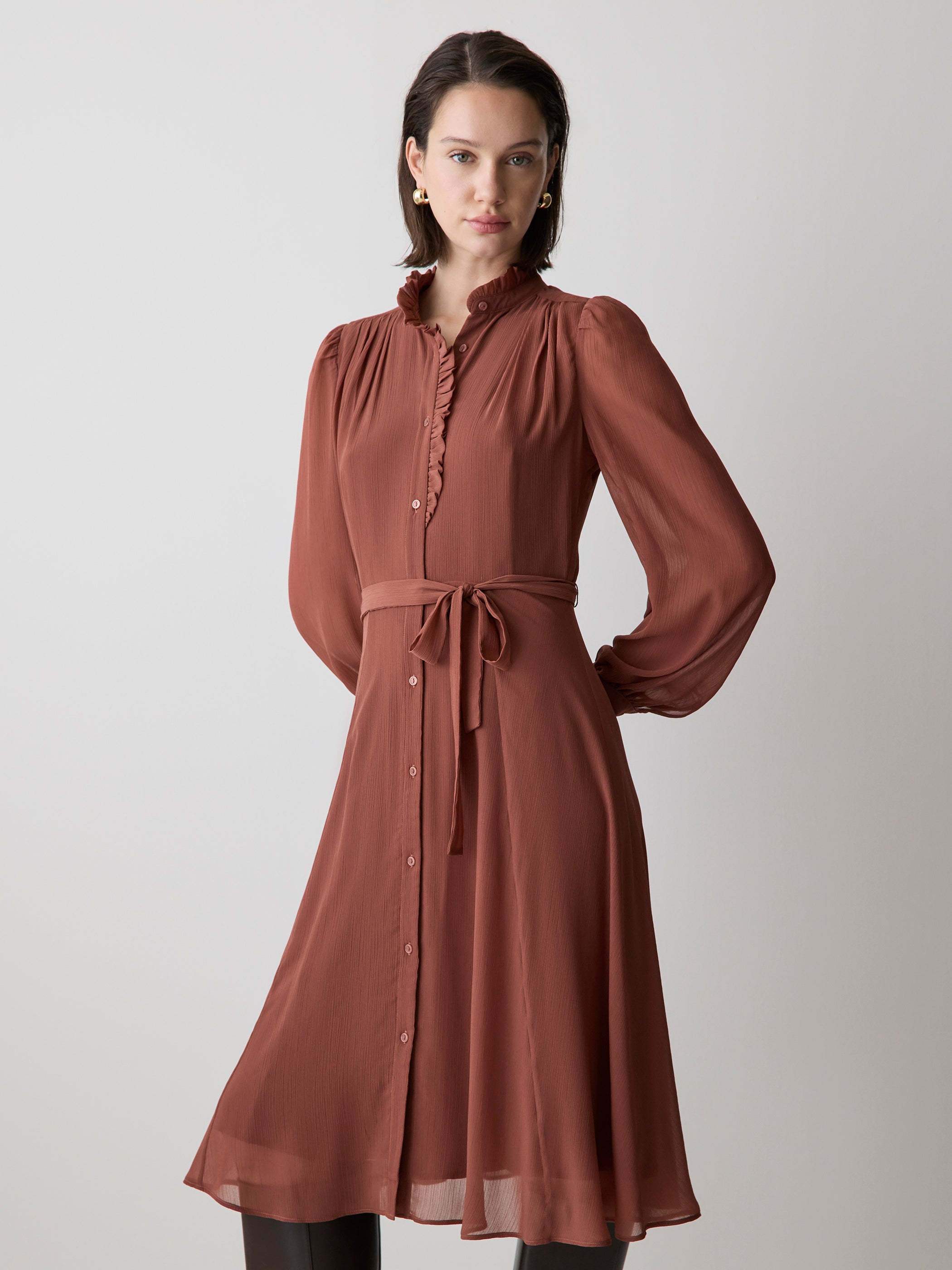 Long-Sleeve Mock-Neck Buttoned-Down Midi Dress rw&co Special Promo Price