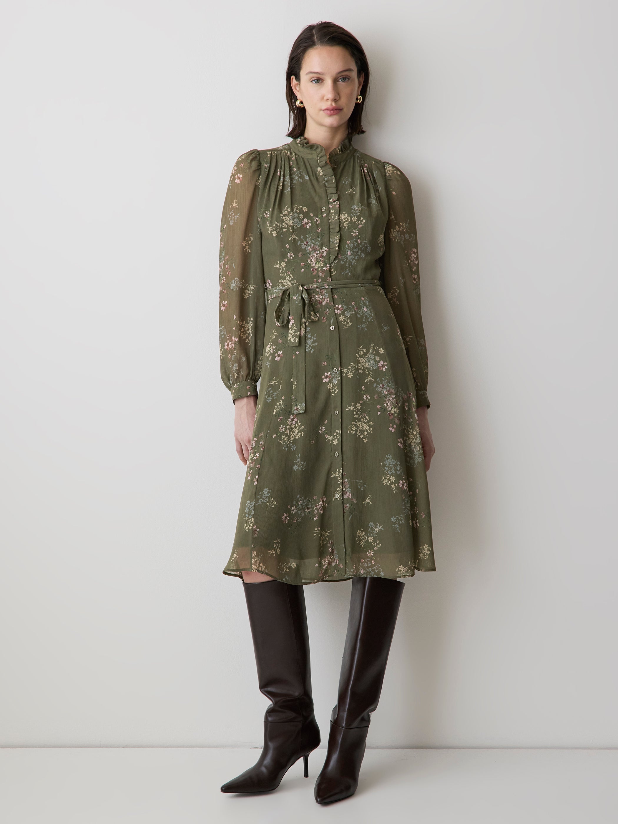 Long-Sleeve Mock-Neck Buttoned-Down Midi Dress rw&co Special Promo Price