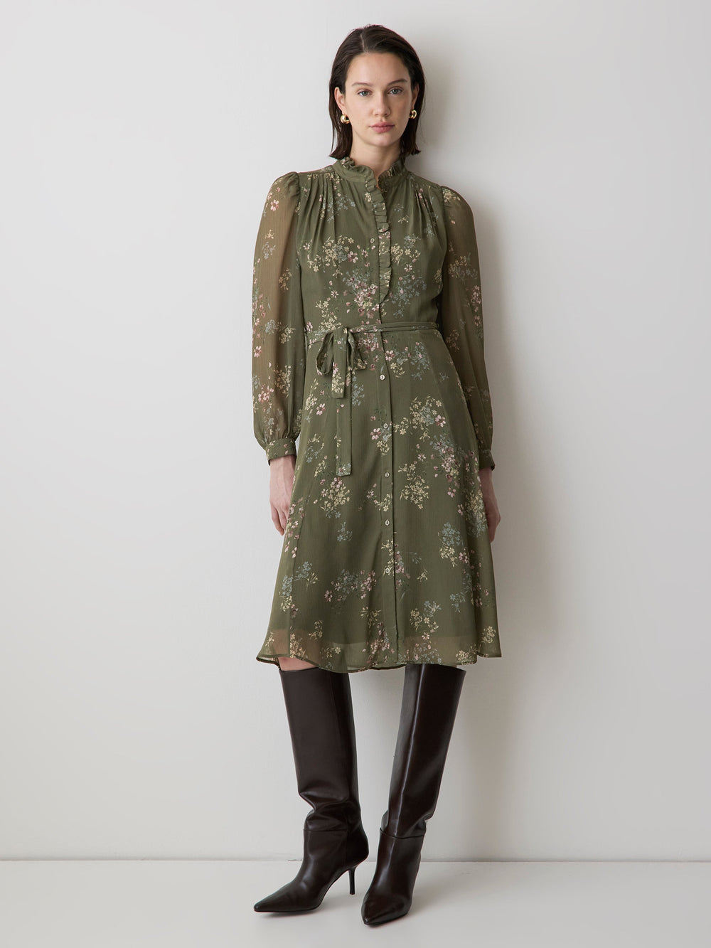 Long-Sleeve Mock-Neck Buttoned-Down Midi Dress rw&co Special Promo Price