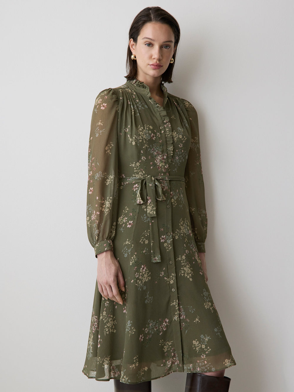 Long-Sleeve Mock-Neck Buttoned-Down Midi Dress rw&co Special Promo Price