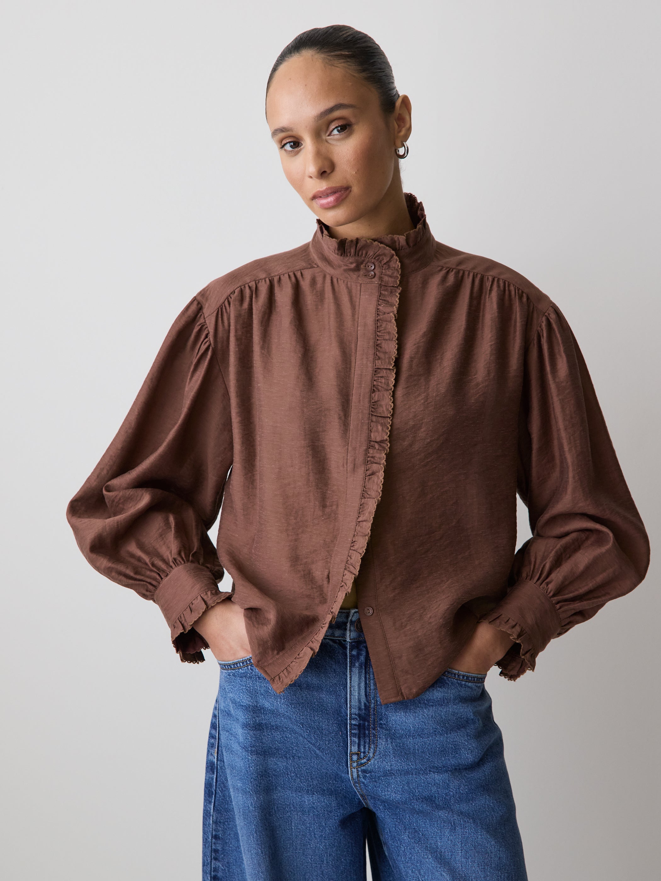 Long-Sleeve Crew-Neck Blouse with Ruffles rw&co Limited Time Discount