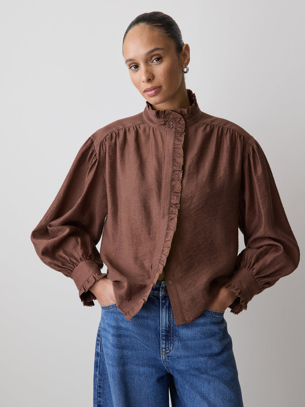 Long-Sleeve Crew-Neck Blouse with Ruffles rw&co Limited Time Discount