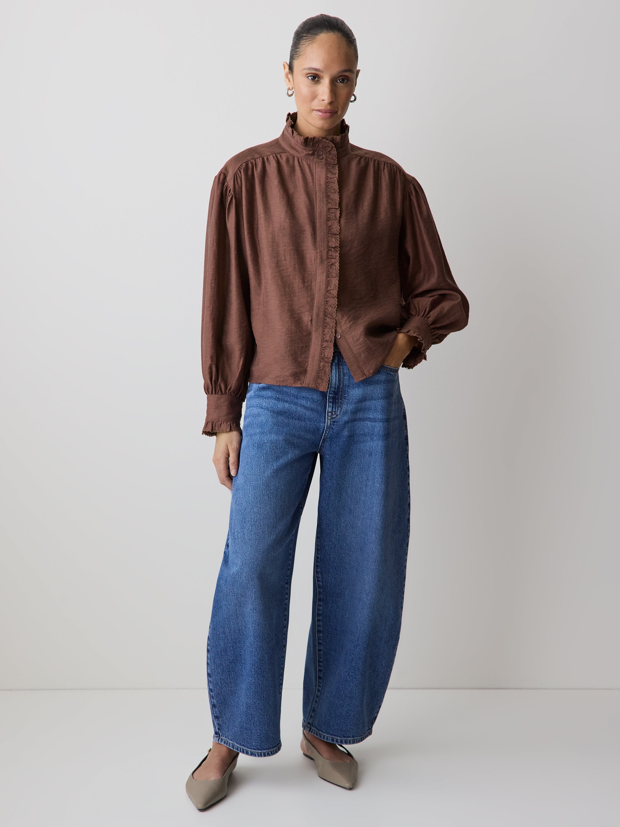 Long-Sleeve Crew-Neck Blouse with Ruffles rw&co Limited Time Discount