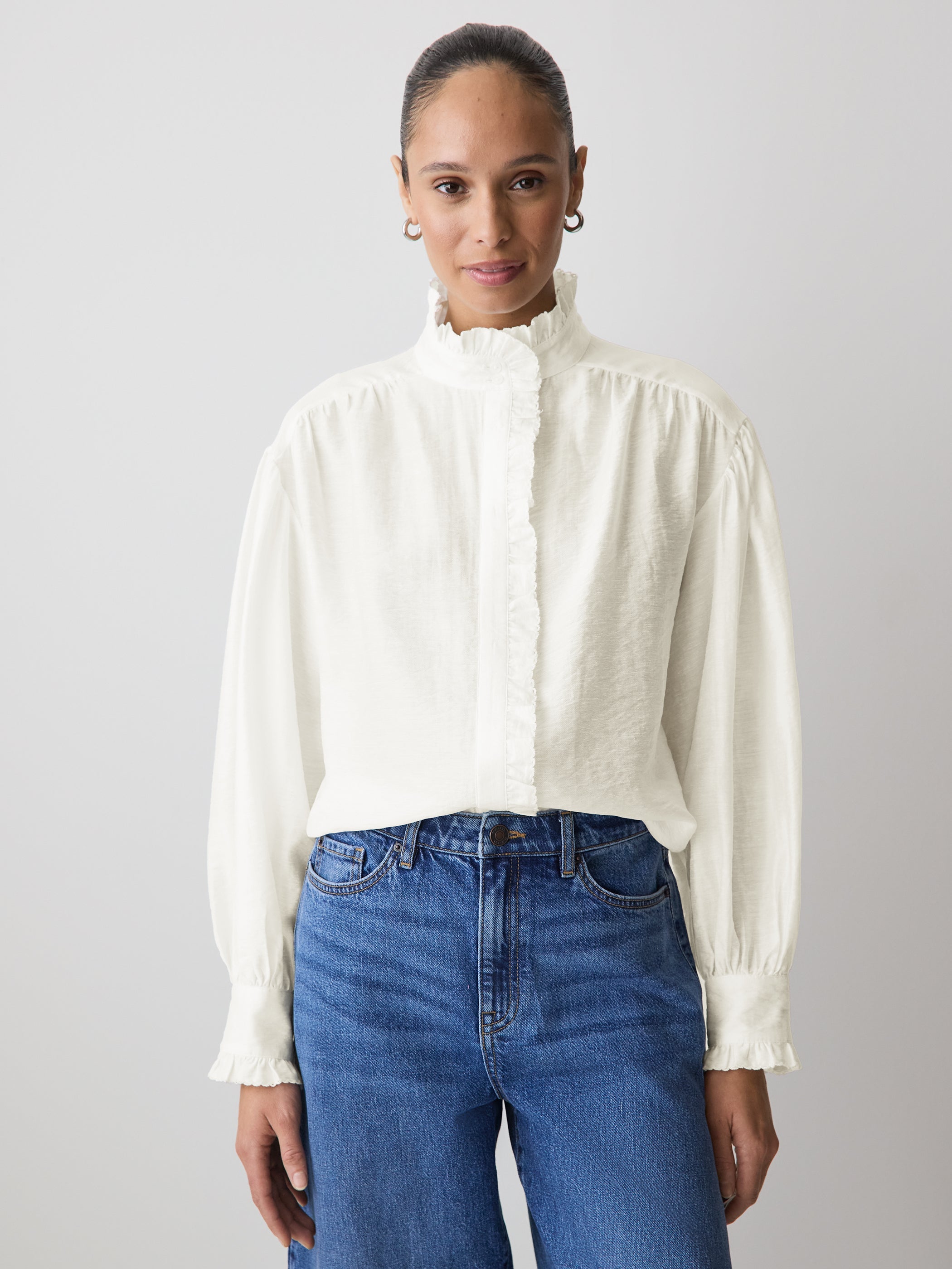 Long-Sleeve Crew-Neck Blouse with Ruffles rw&co Limited Time Discount