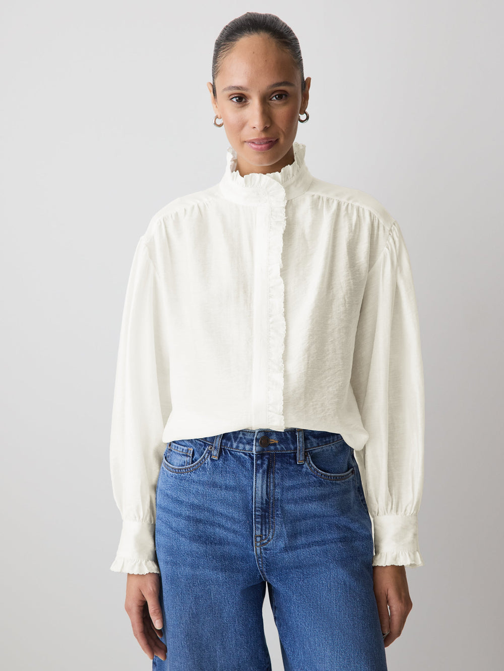 Long-Sleeve Crew-Neck Blouse with Ruffles rw&co Limited Time Discount