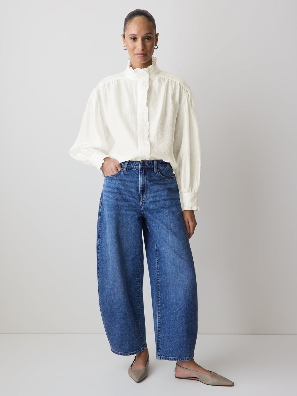 Long-Sleeve Crew-Neck Blouse with Ruffles rw&co Limited Time Discount
