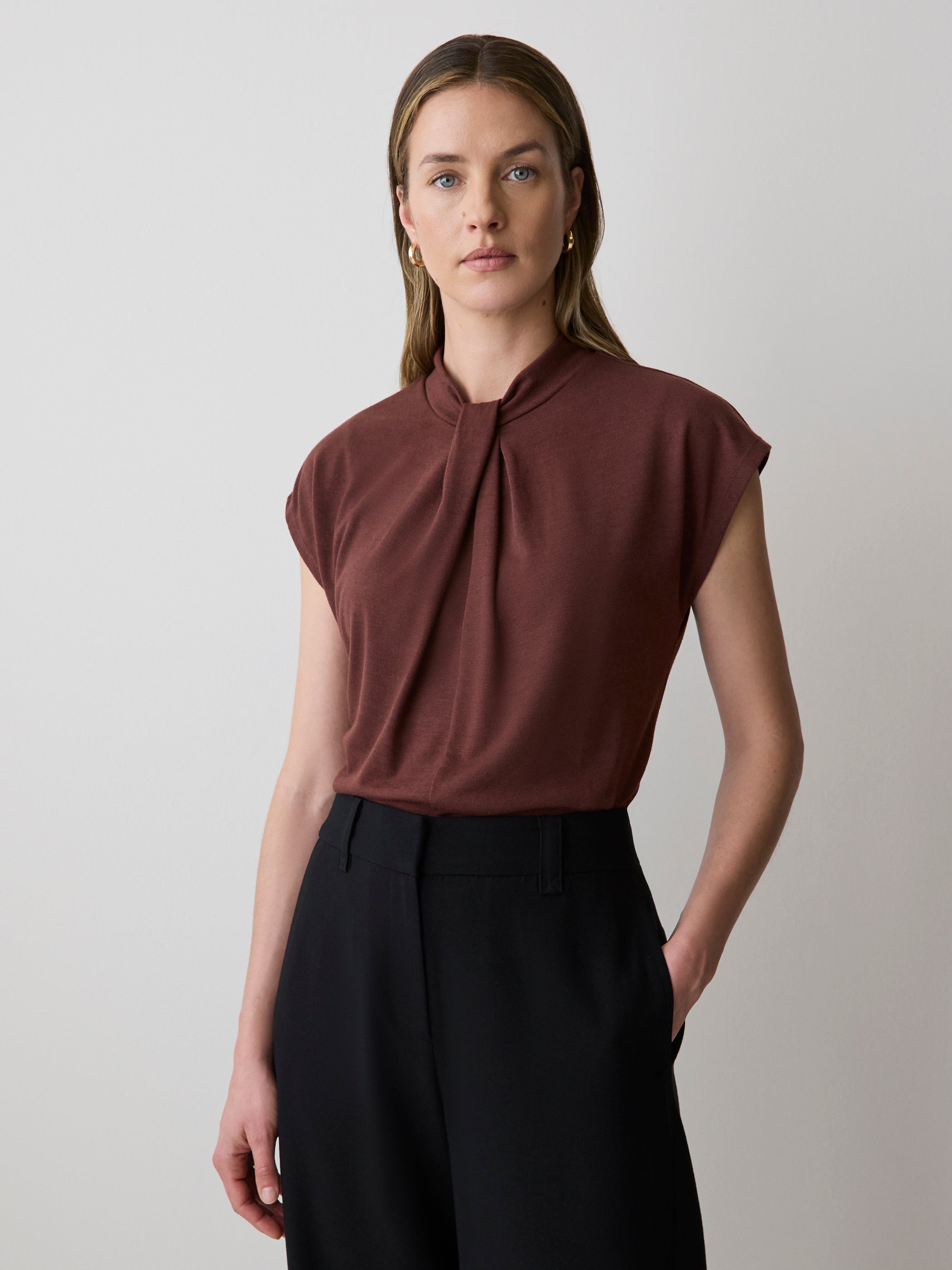 Extended-Sleeve Top with Twisted Draped Mock Neckline rw&co Special Offer