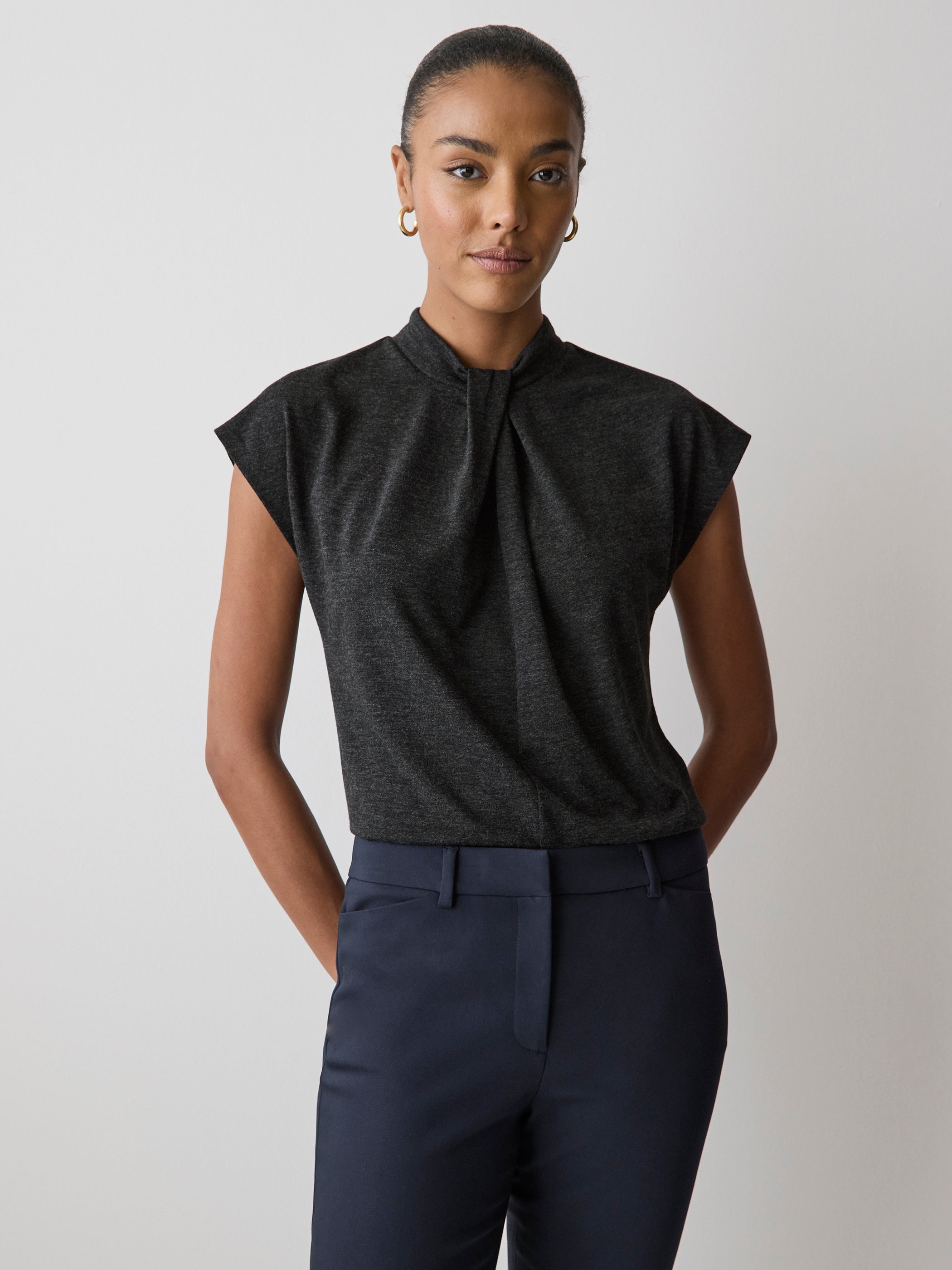 Extended-Sleeve Top with Twisted Draped Mock Neckline rw&co Special Offer