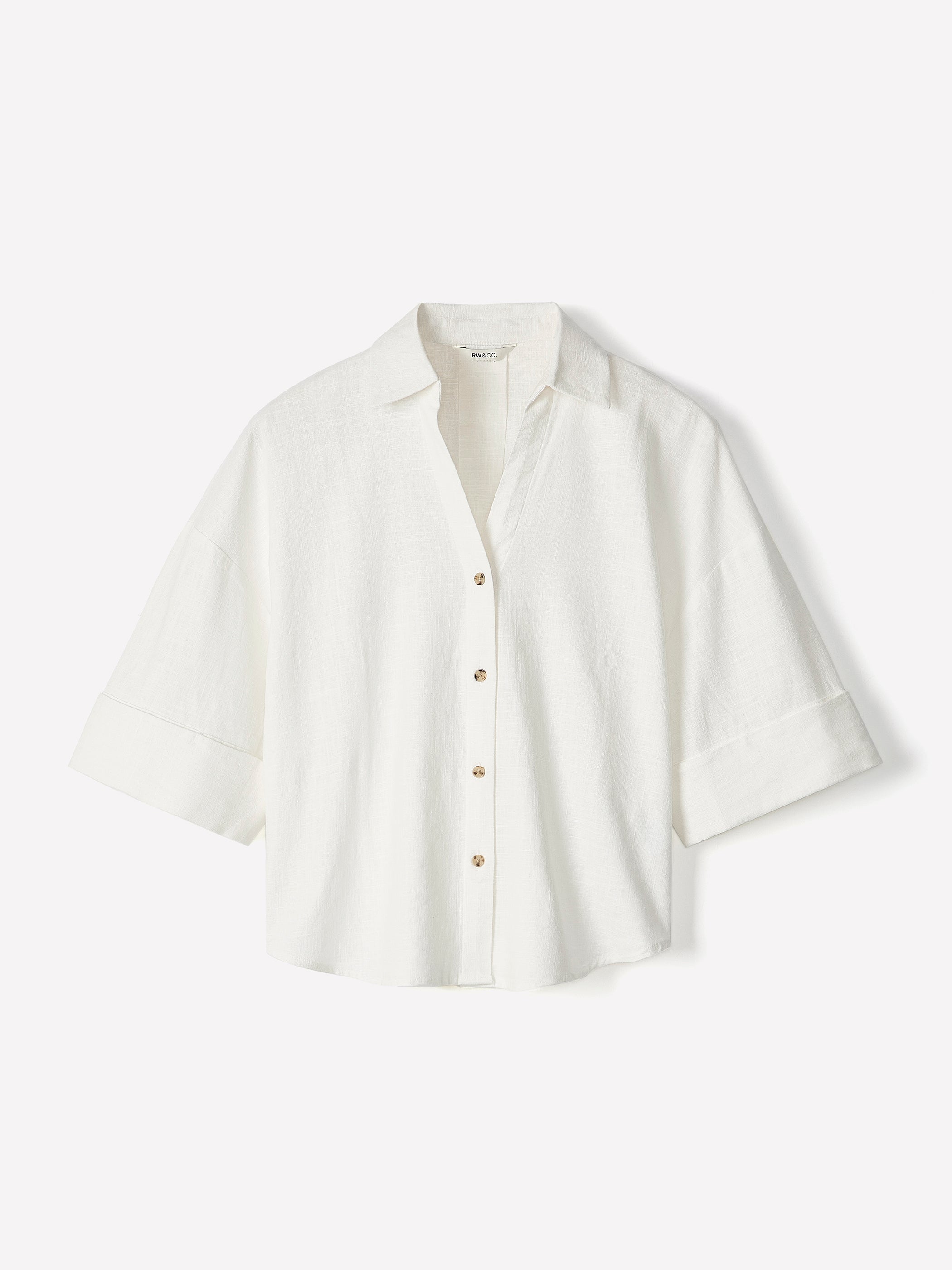 Linen-Blend Short-Sleeve Blouse with Shirt Collar rw&co On Sale