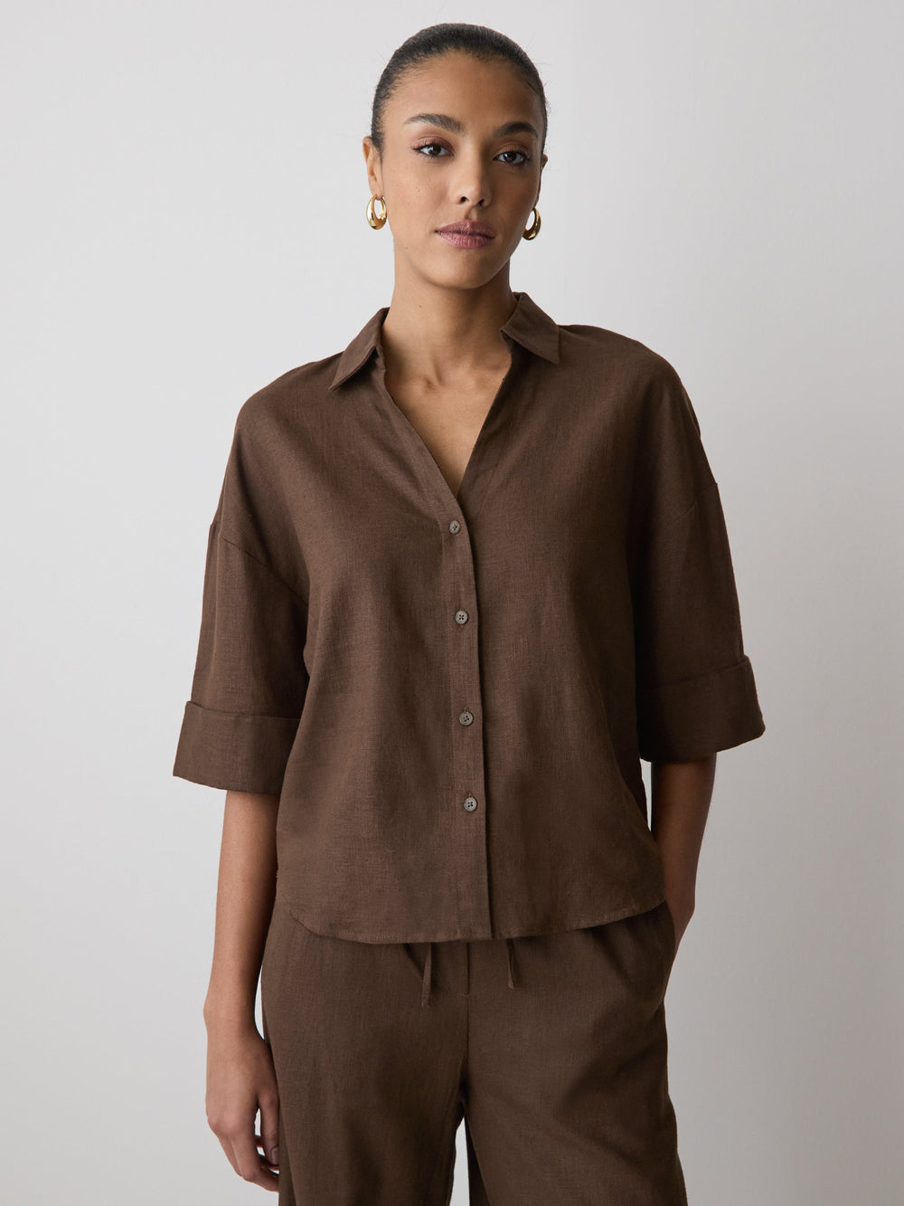 Linen-Blend Short-Sleeve Blouse with Shirt Collar rw&co On Sale