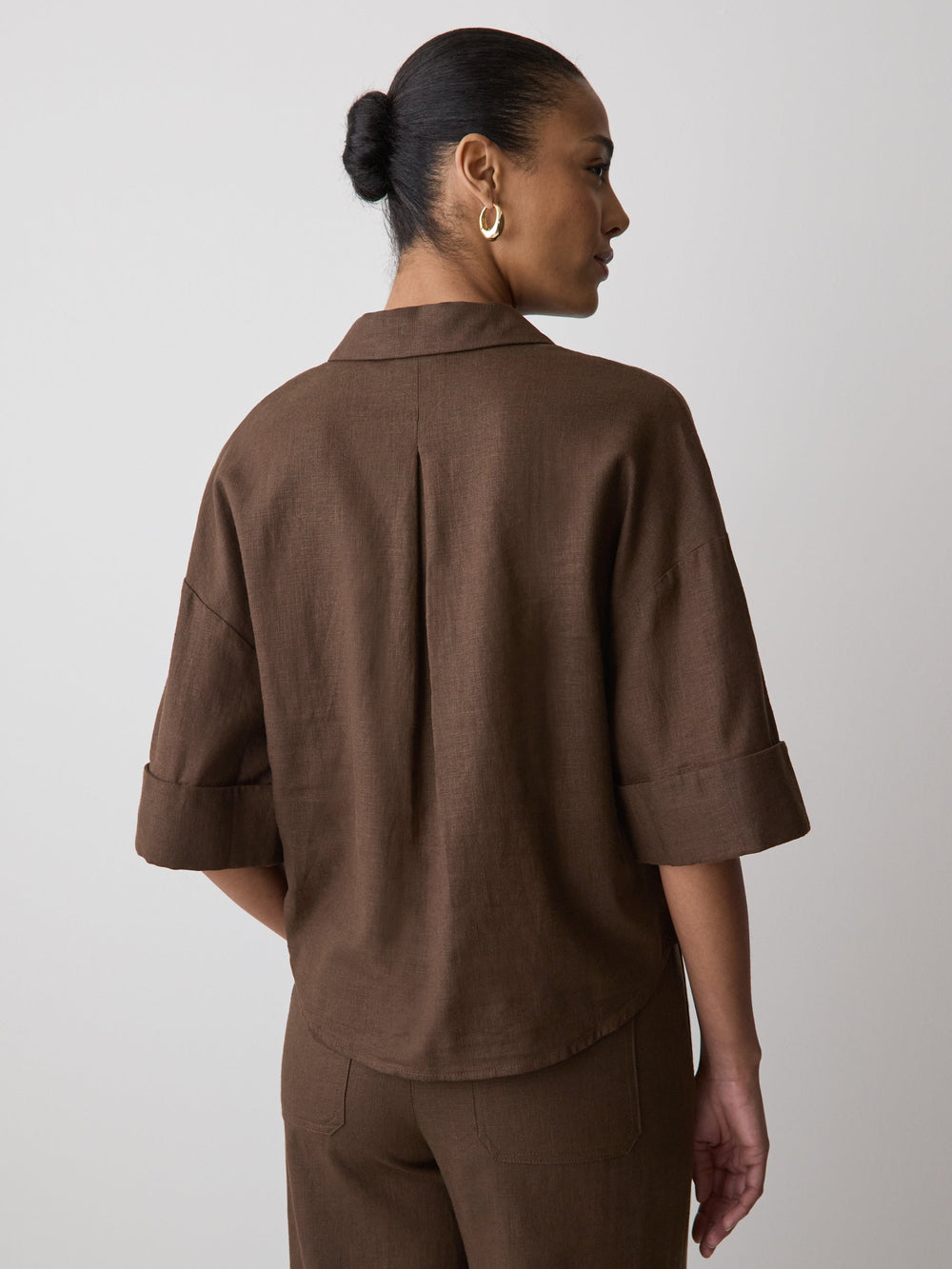 Linen-Blend Short-Sleeve Blouse with Shirt Collar rw&co On Sale
