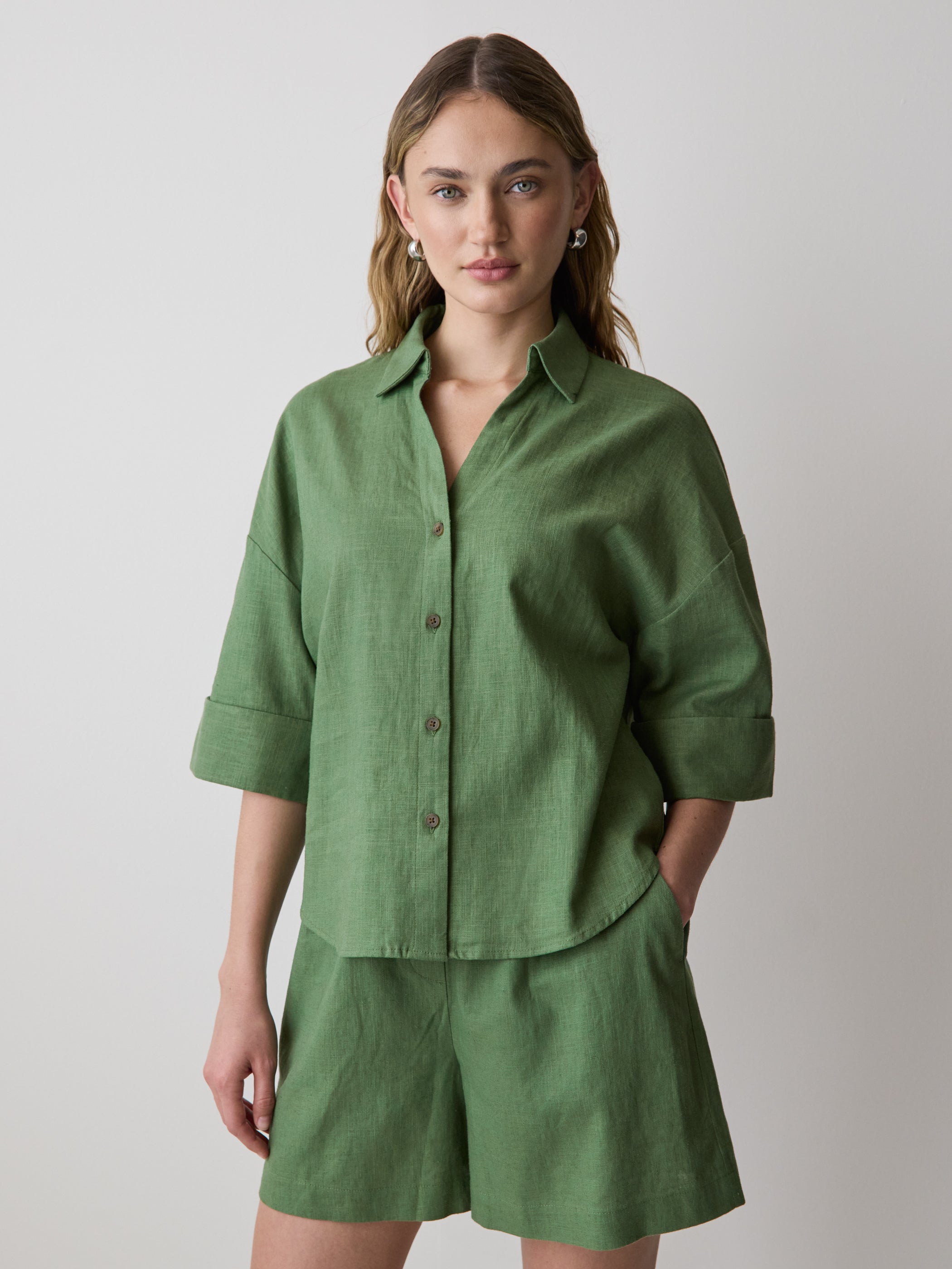 Linen-Blend Short-Sleeve Blouse with Shirt Collar rw&co On Sale