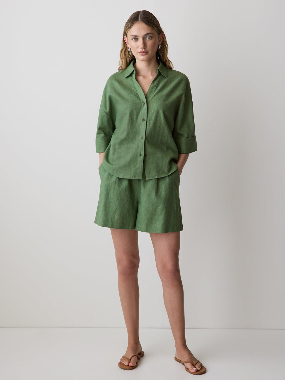 Linen-Blend Short-Sleeve Blouse with Shirt Collar rw&co On Sale