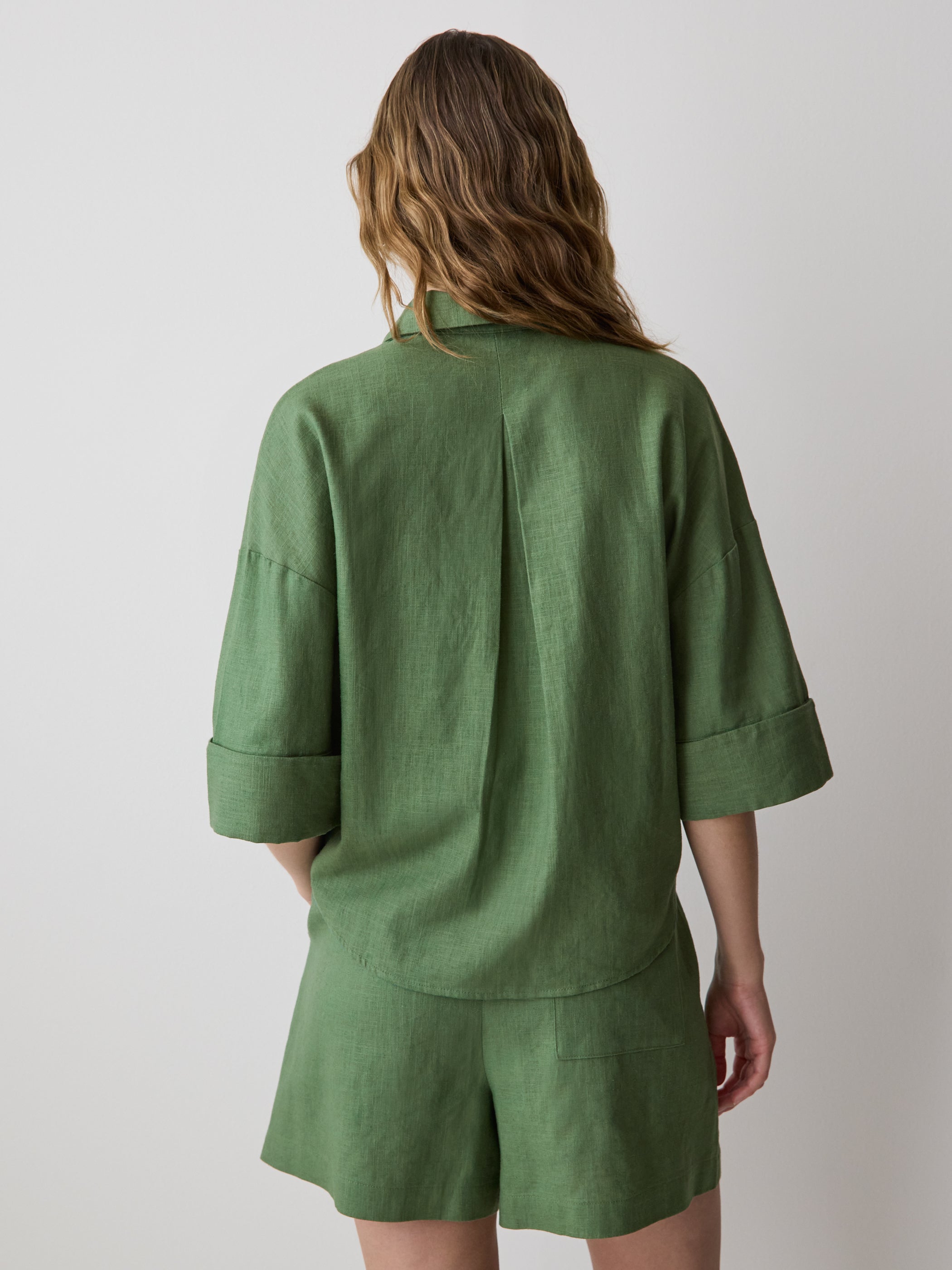 Linen-Blend Short-Sleeve Blouse with Shirt Collar rw&co On Sale