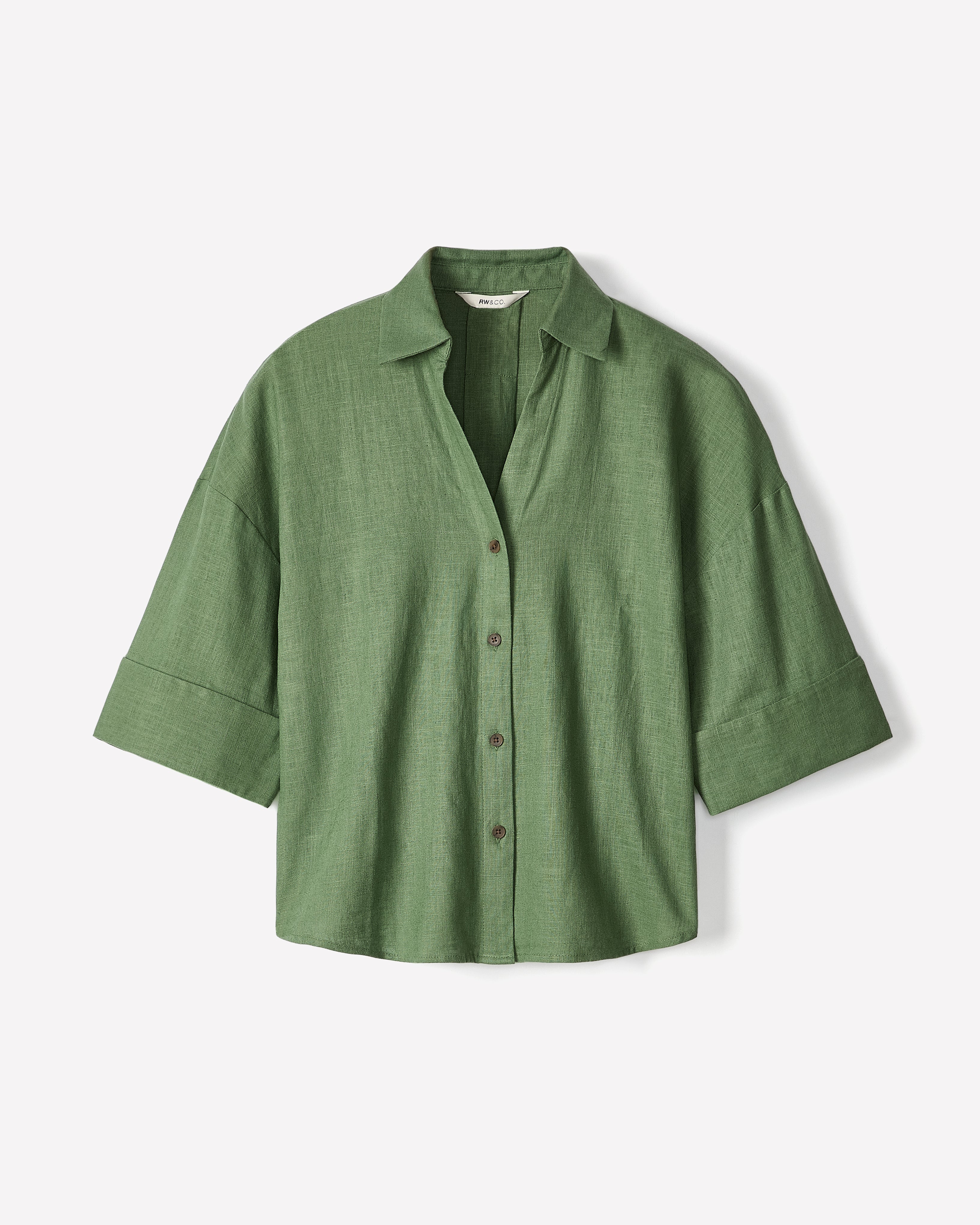 Linen-Blend Short-Sleeve Blouse with Shirt Collar rw&co On Sale