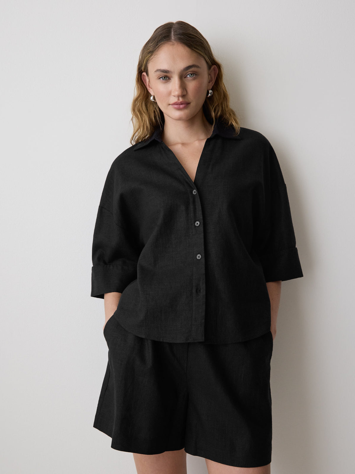 Linen-Blend Short-Sleeve Blouse with Shirt Collar rw&co On Sale