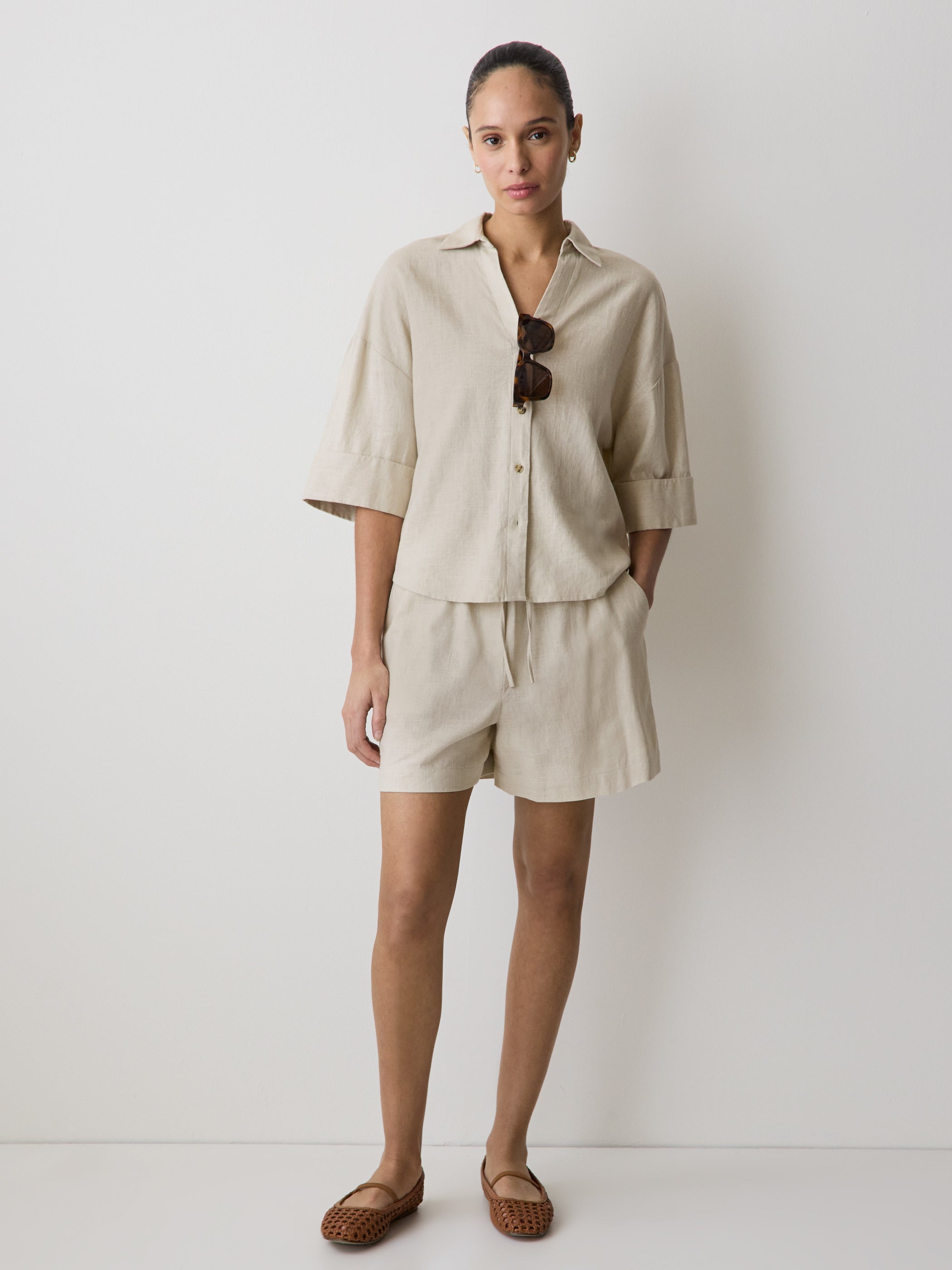 Linen-Blend Short-Sleeve Blouse with Shirt Collar rw&co On Sale