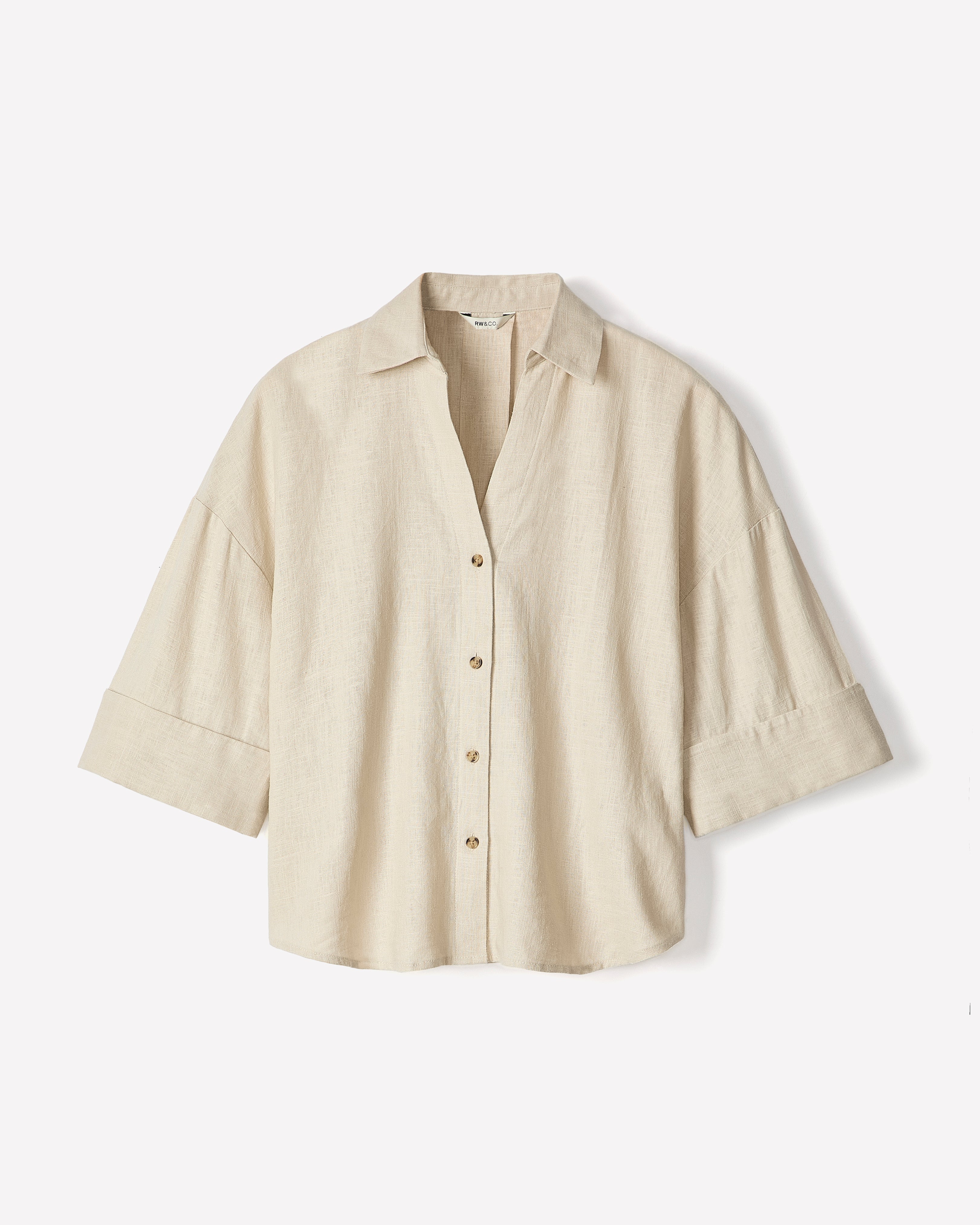 Linen-Blend Short-Sleeve Blouse with Shirt Collar rw&co On Sale