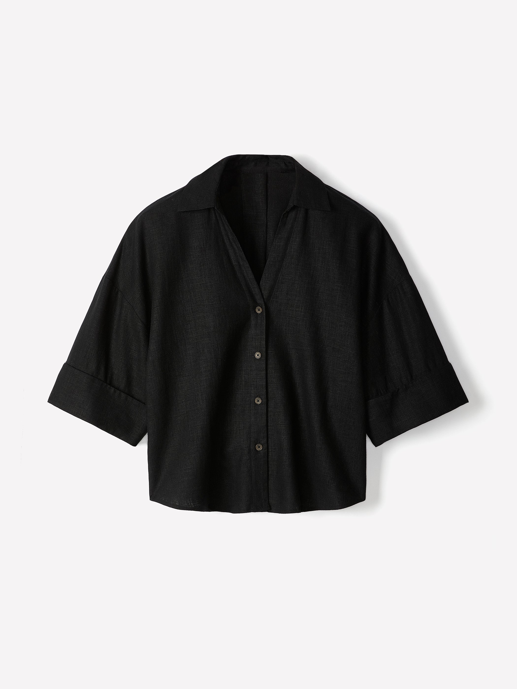 Linen-Blend Short-Sleeve Blouse with Shirt Collar rw&co On Sale