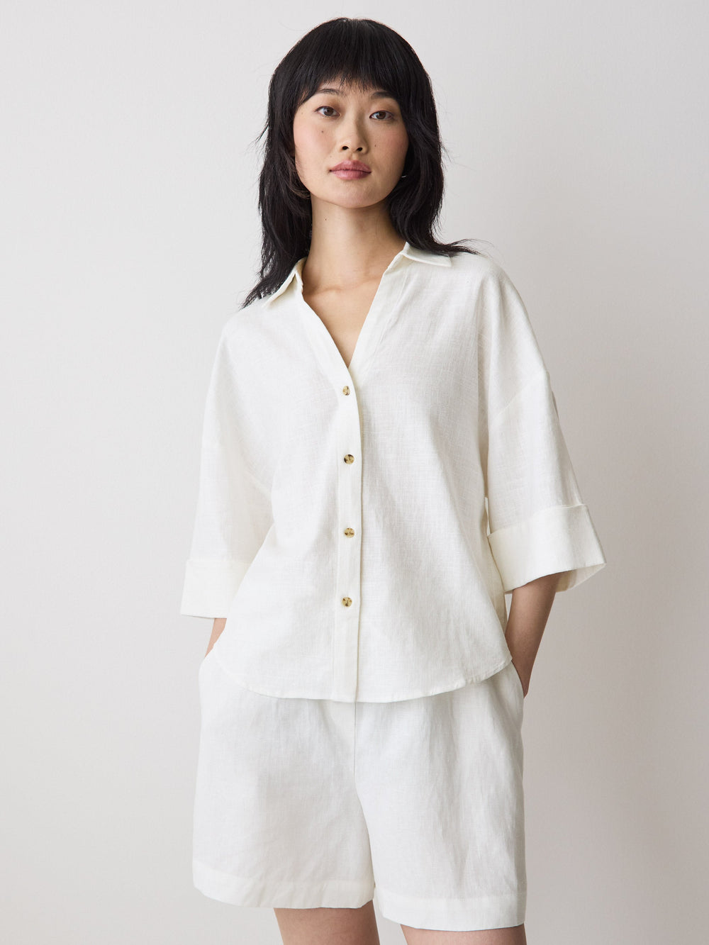 Linen-Blend Short-Sleeve Blouse with Shirt Collar rw&co On Sale