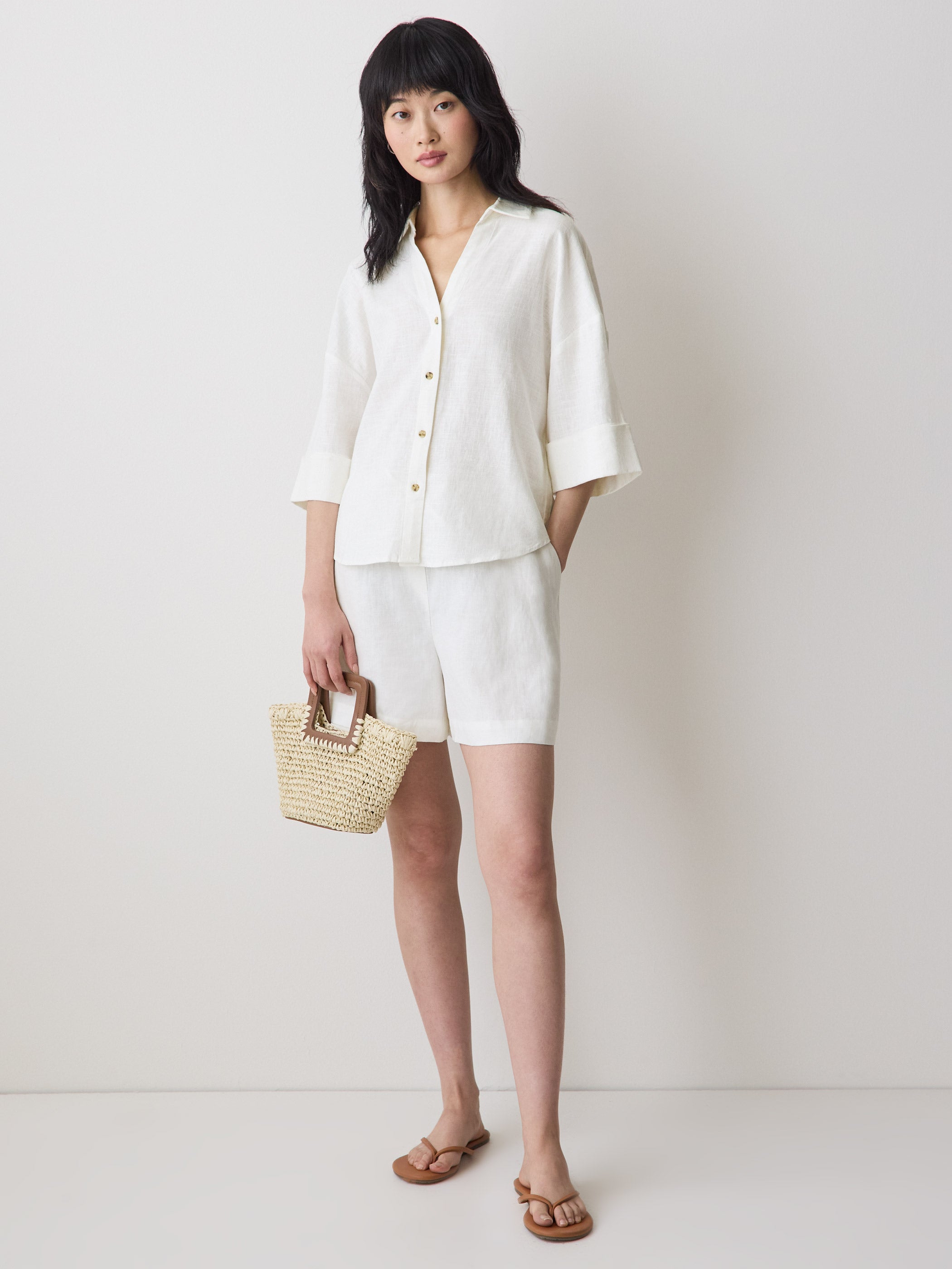 Linen-Blend Short-Sleeve Blouse with Shirt Collar rw&co On Sale