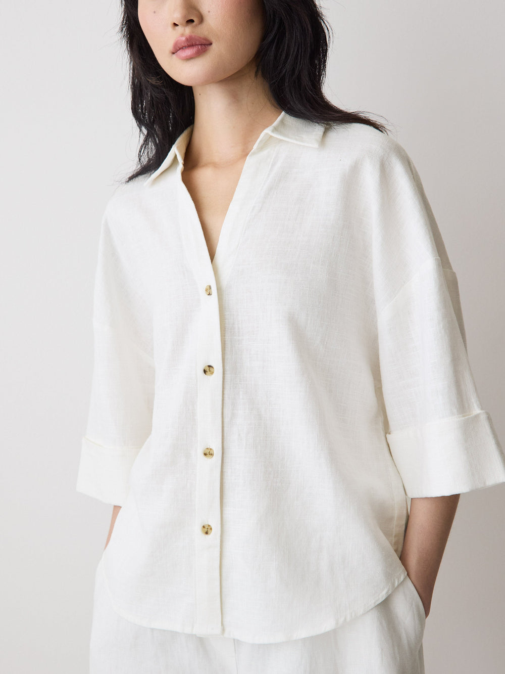 Linen-Blend Short-Sleeve Blouse with Shirt Collar rw&co On Sale