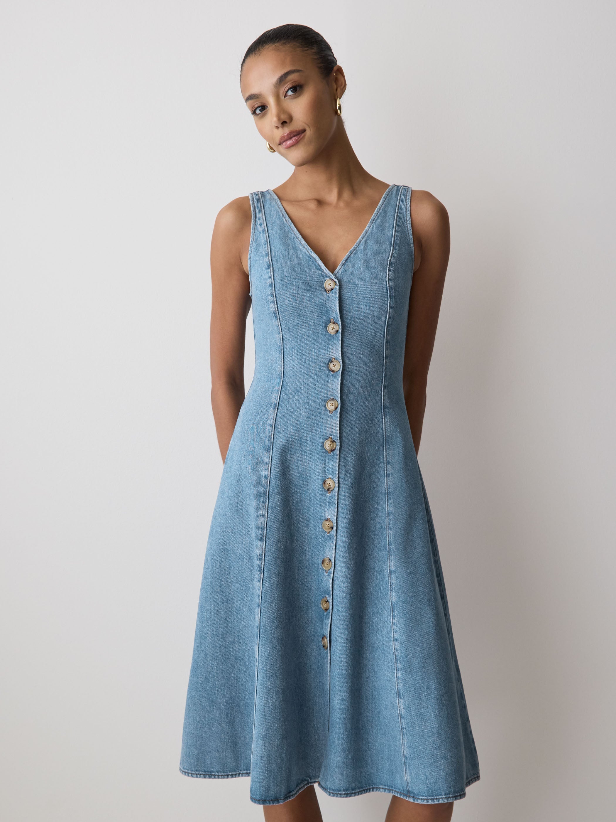 Denim Sleeveless V-Neck Midi Dress rw&co On Sale