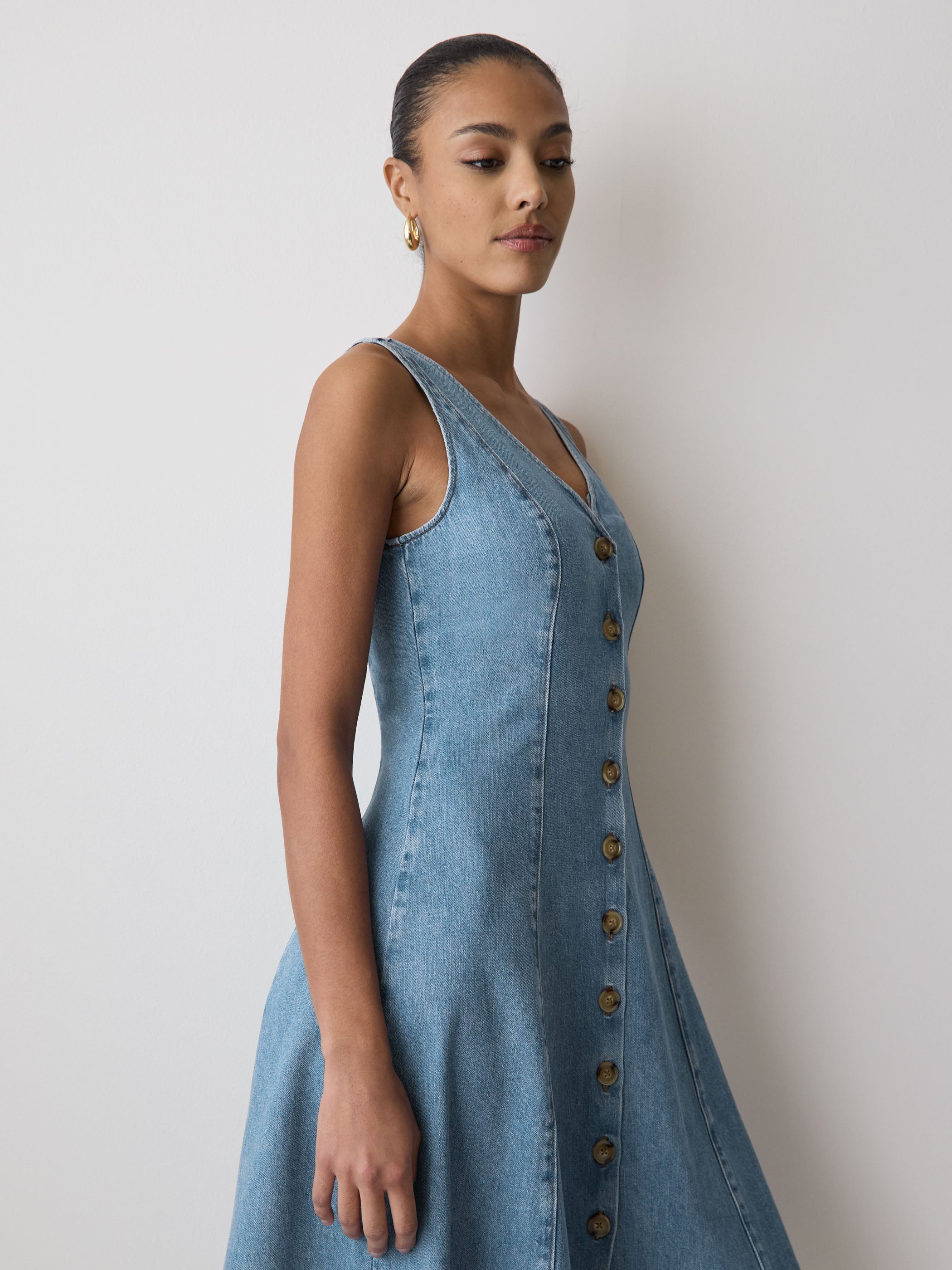 Denim Sleeveless V-Neck Midi Dress rw&co On Sale