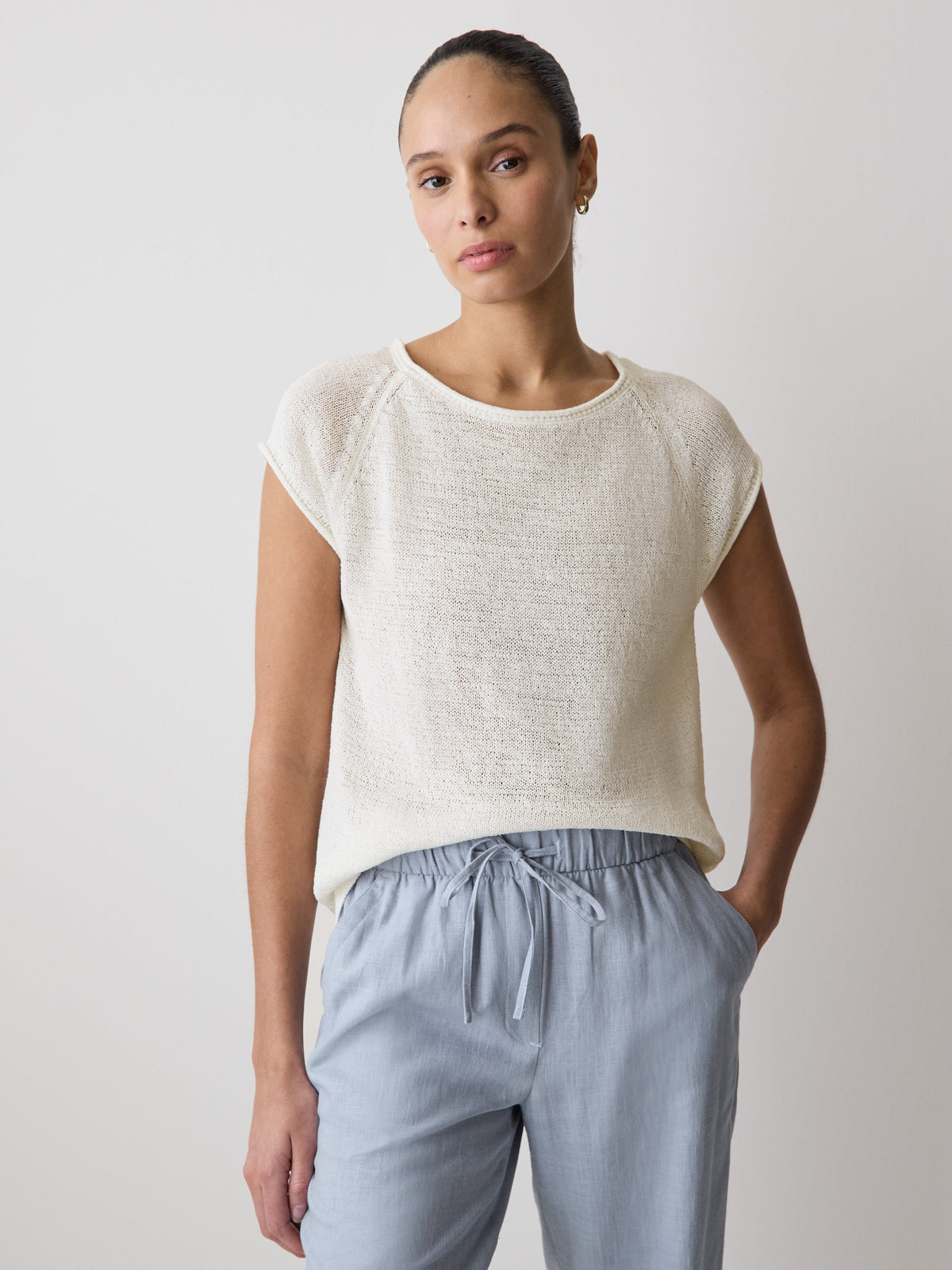 Cap-Sleeve Tape-Yarn Sweater rw&co Exclusive Sale Price