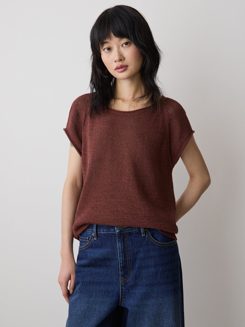 Cap-Sleeve Tape-Yarn Sweater rw&co Exclusive Sale Price