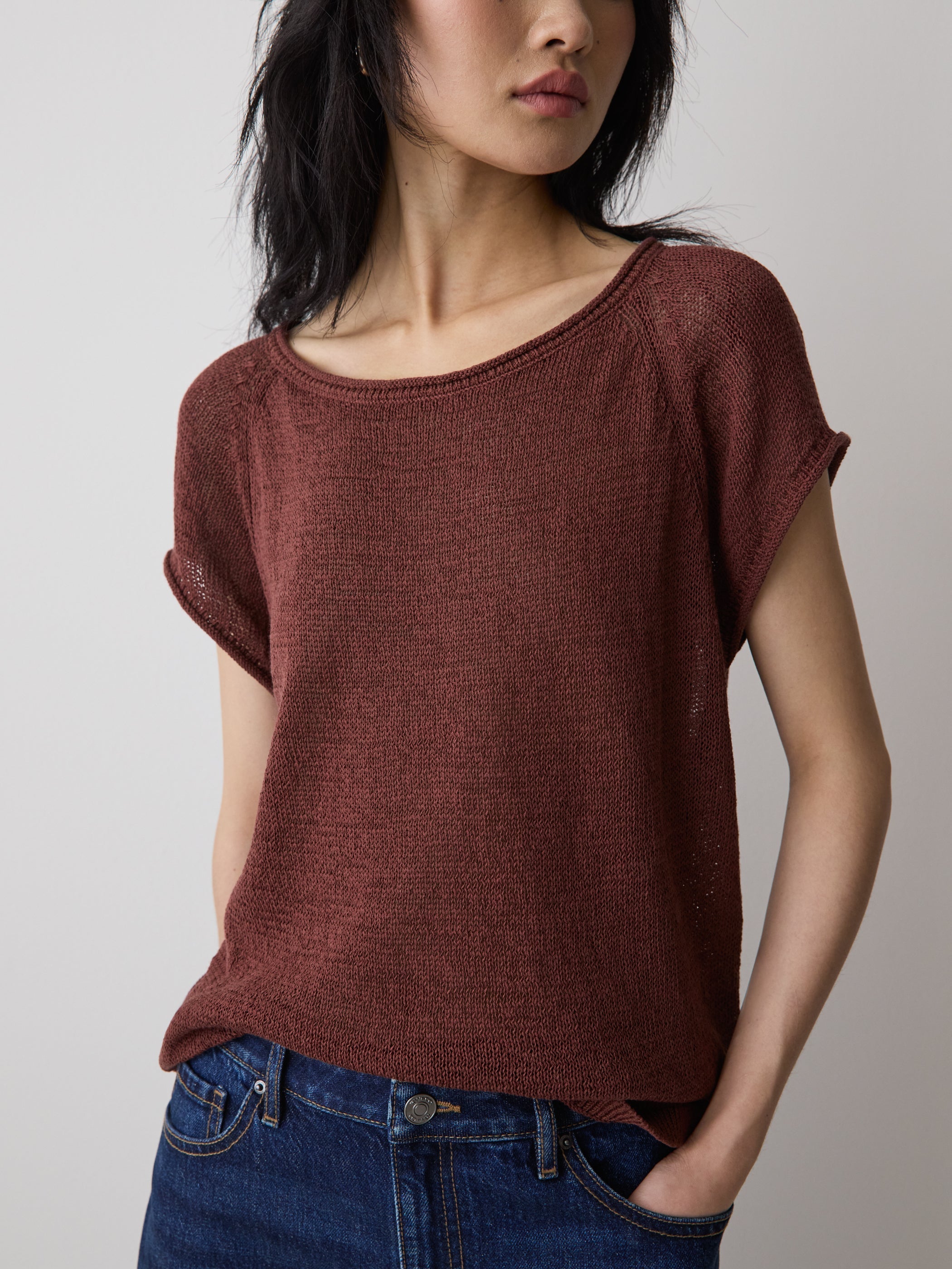 Cap-Sleeve Tape-Yarn Sweater rw&co Exclusive Sale Price