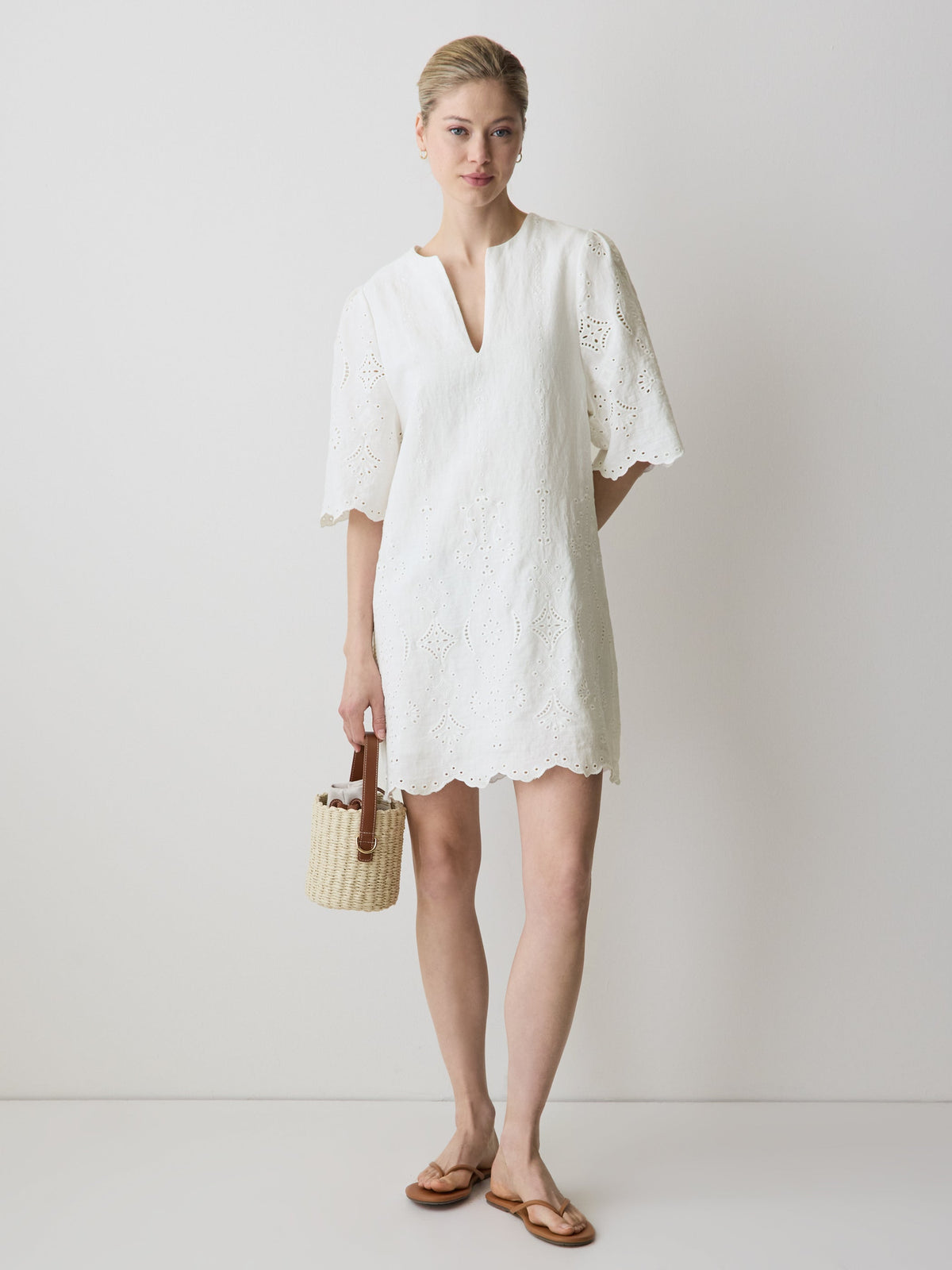 Split-Neck Flare Mini Dress with Embroideries rw&co Great Value Deal