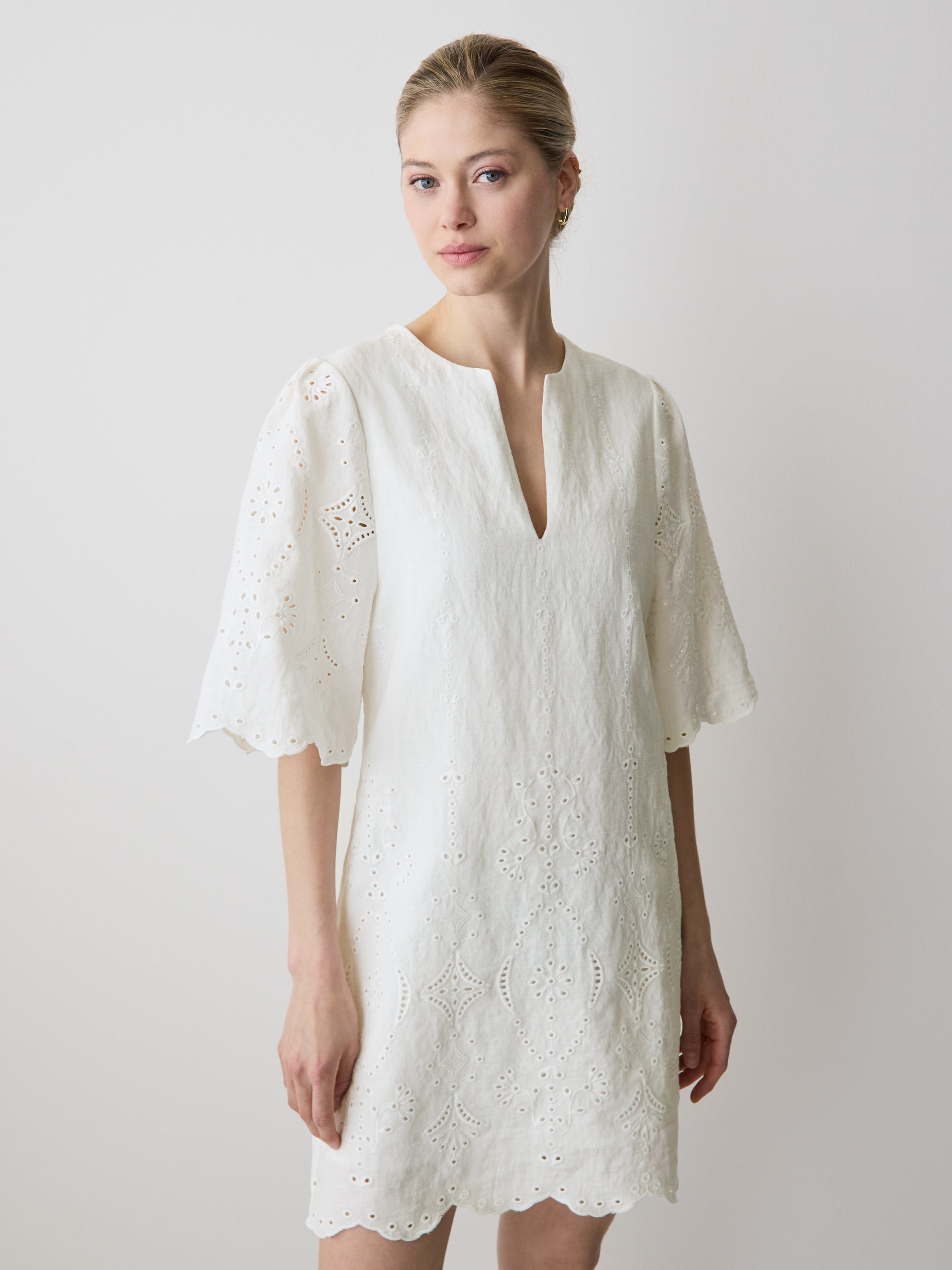 Split-Neck Flare Mini Dress with Embroideries rw&co Great Value Deal