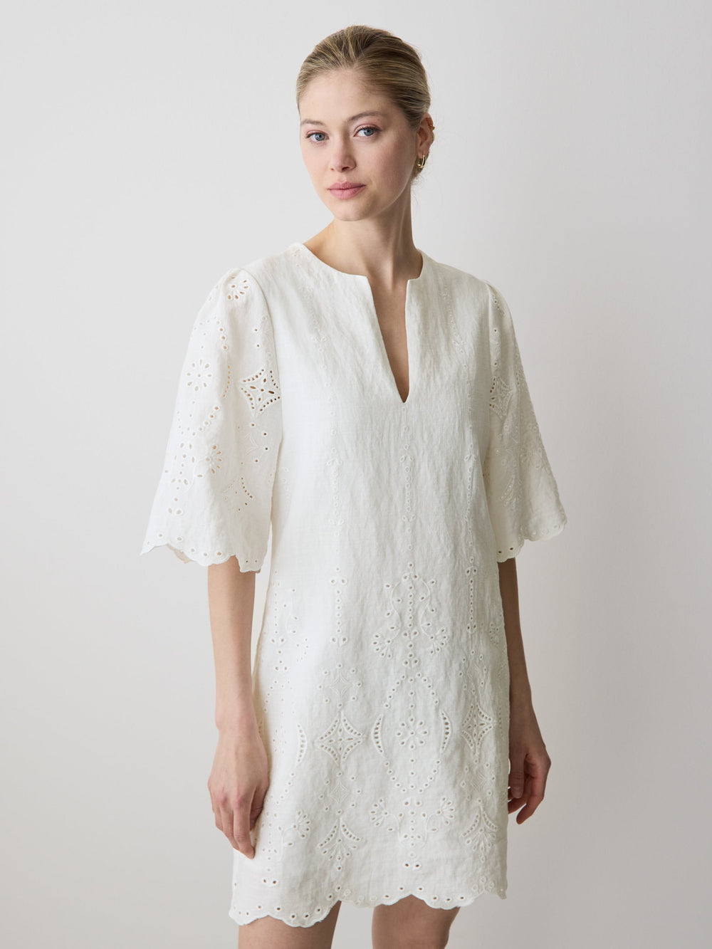 Split-Neck Flare Mini Dress with Embroideries rw&co Great Value Deal