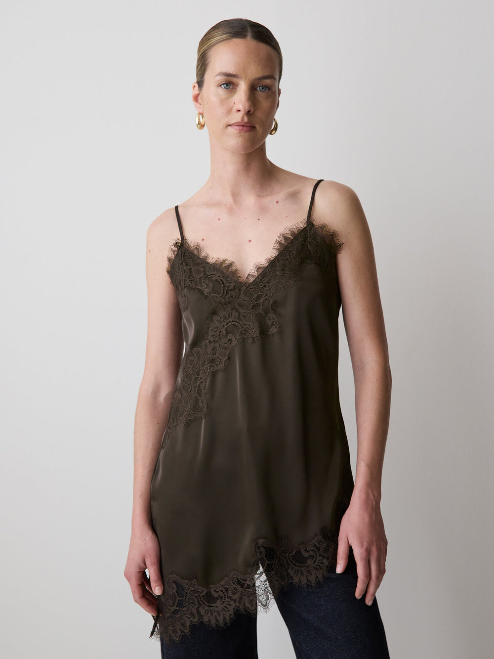 Sleeveless V-Neck Satin Blouse with Lace Trims rw&co Limited Time Discount