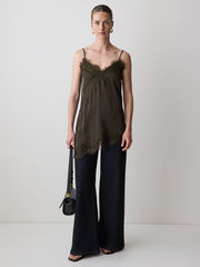 Sleeveless V-Neck Satin Blouse with Lace Trims rw&co Limited Time Discount