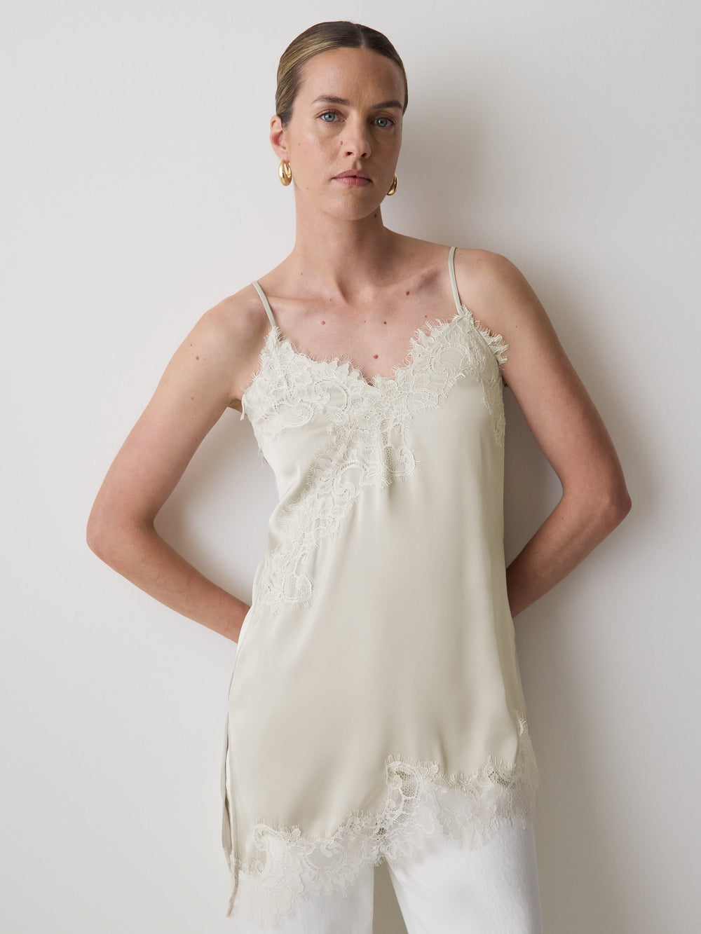 Sleeveless V-Neck Satin Blouse with Lace Trims rw&co Limited Time Discount