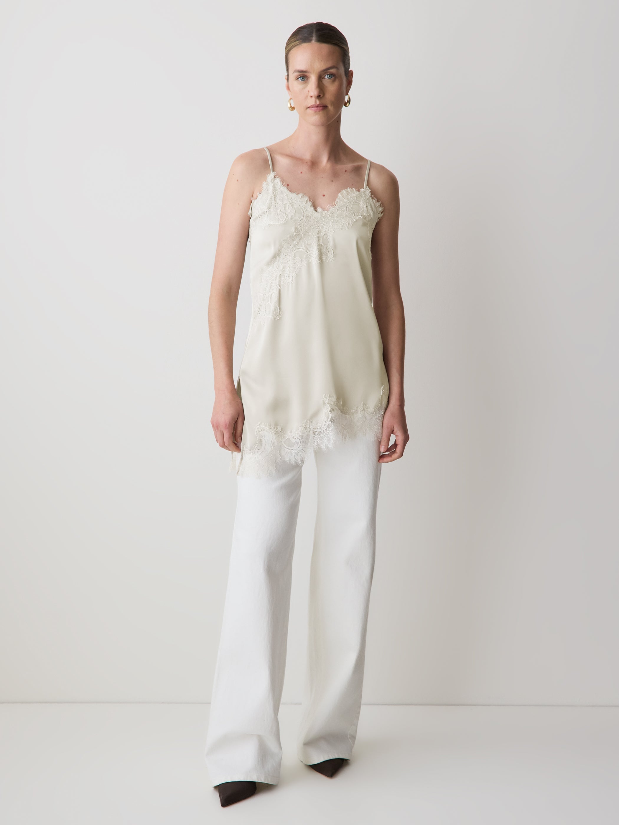 Sleeveless V-Neck Satin Blouse with Lace Trims rw&co Limited Time Discount