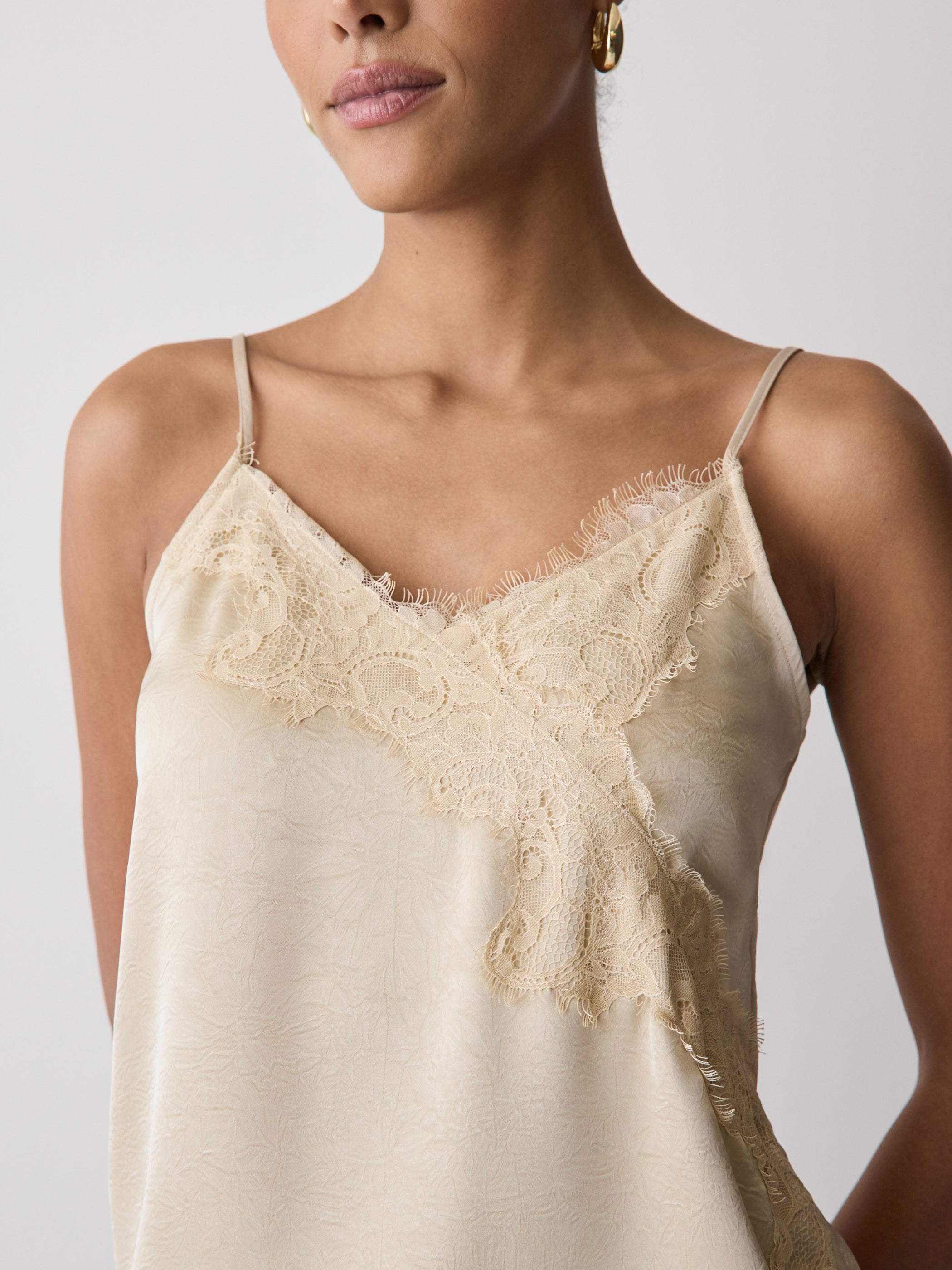 Sleeveless V-Neck Satin Blouse with Lace Trim rw&co Limited Time Discount
