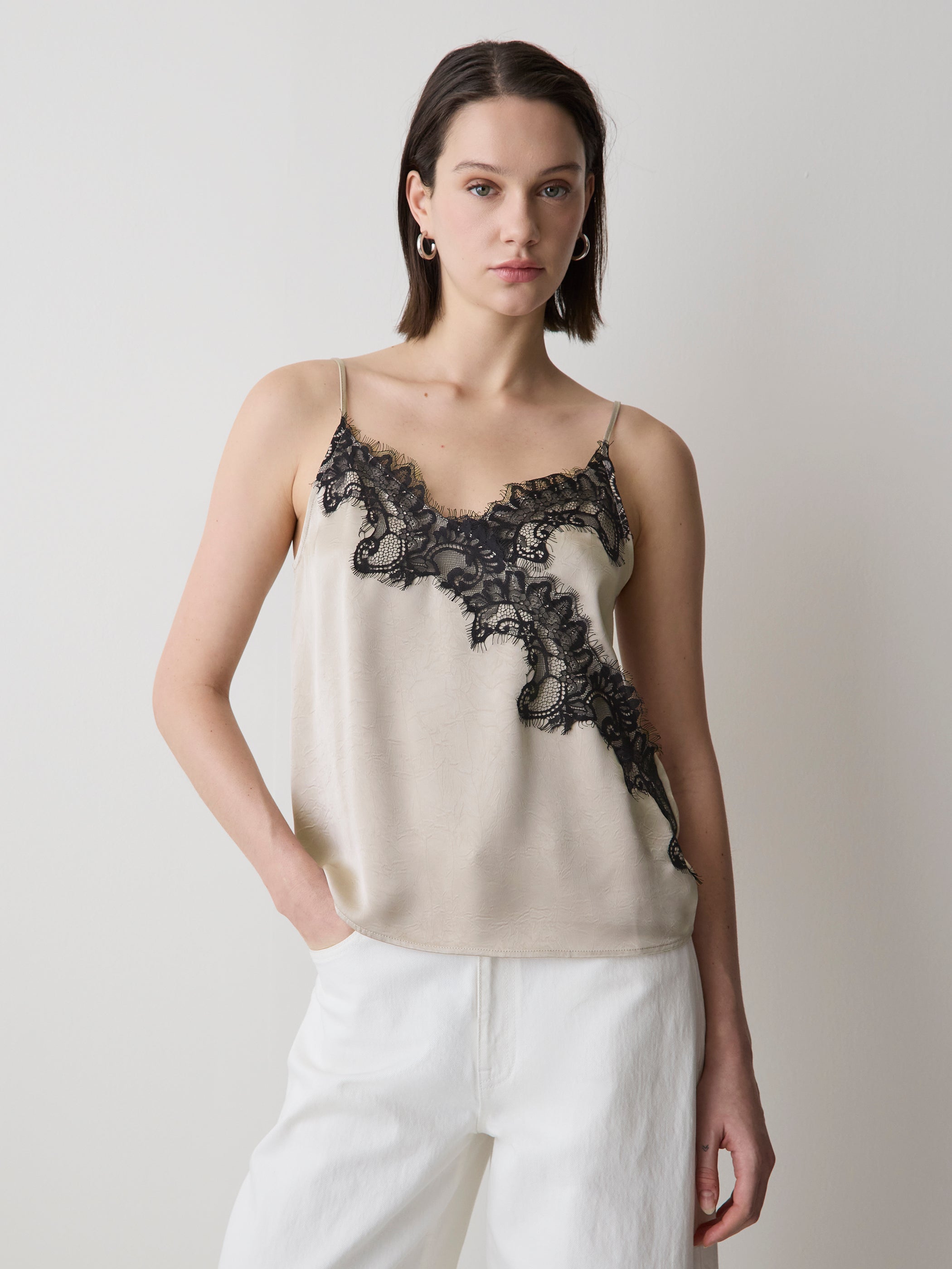 Sleeveless V-Neck Satin Blouse with Lace Trim rw&co Limited Time Discount