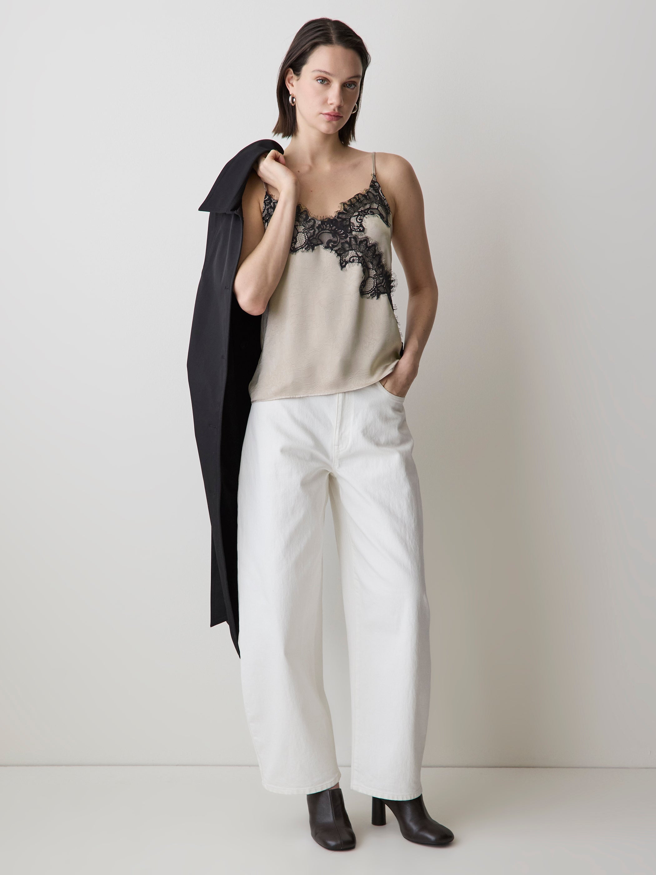 Sleeveless V-Neck Satin Blouse with Lace Trim rw&co Limited Time Discount