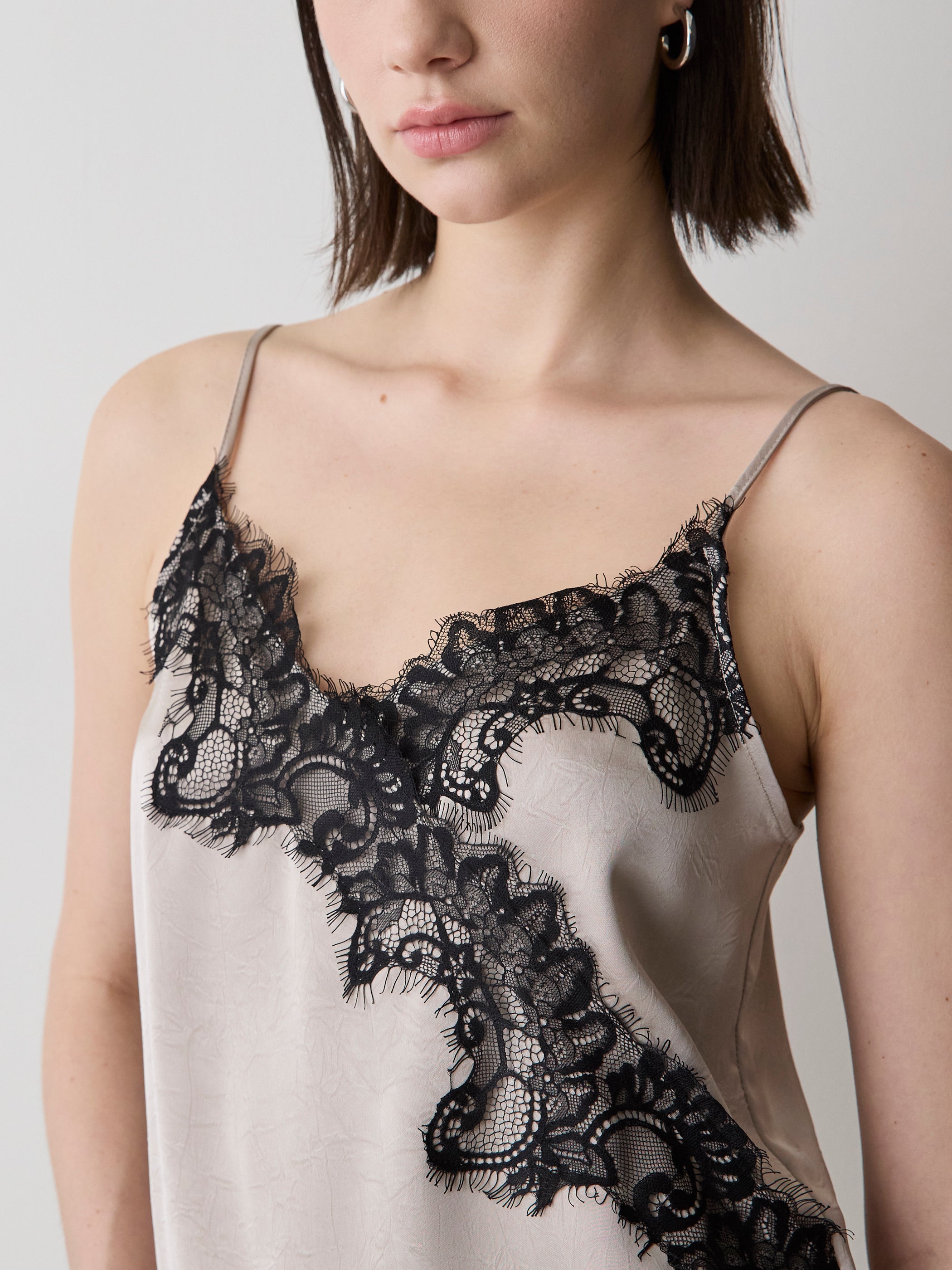 Sleeveless V-Neck Satin Blouse with Lace Trim rw&co Limited Time Discount