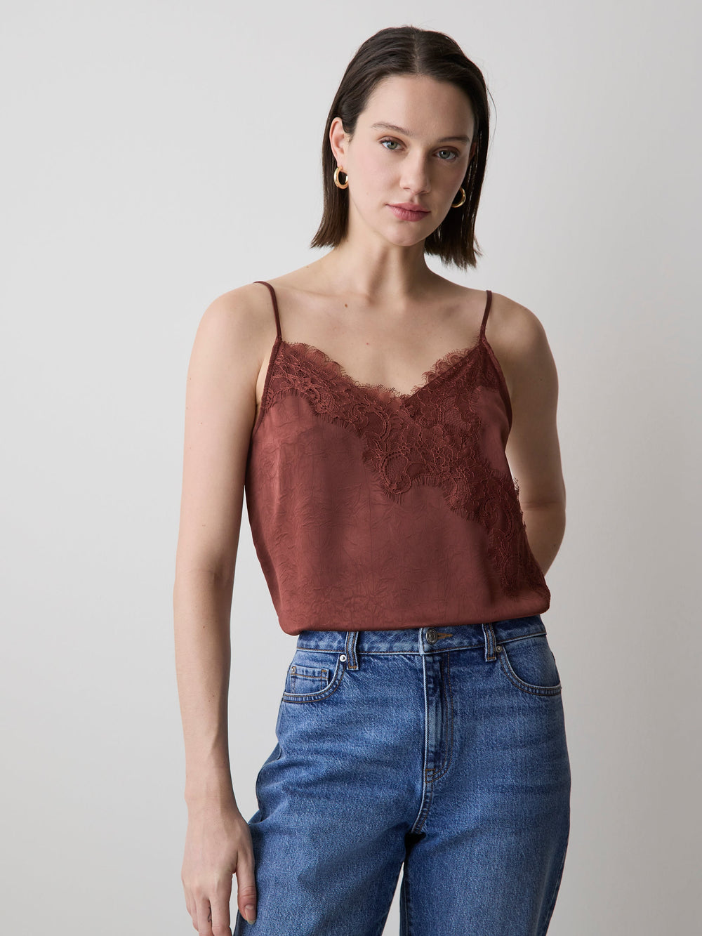 Sleeveless V-Neck Satin Blouse with Lace Trim rw&co Limited Time Discount