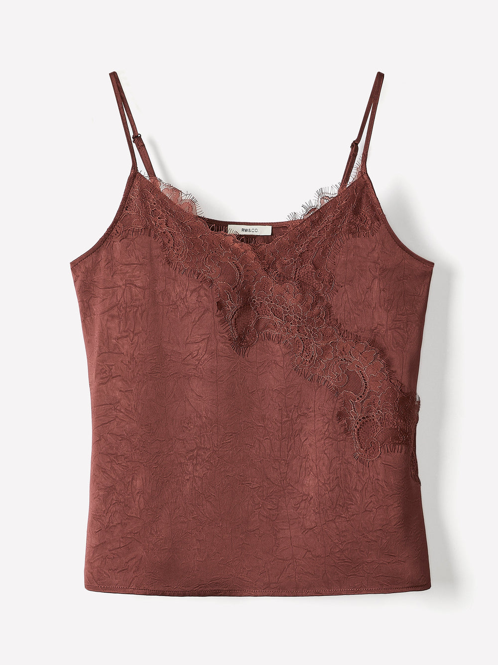 Sleeveless V-Neck Satin Blouse with Lace Trim rw&co Limited Time Discount