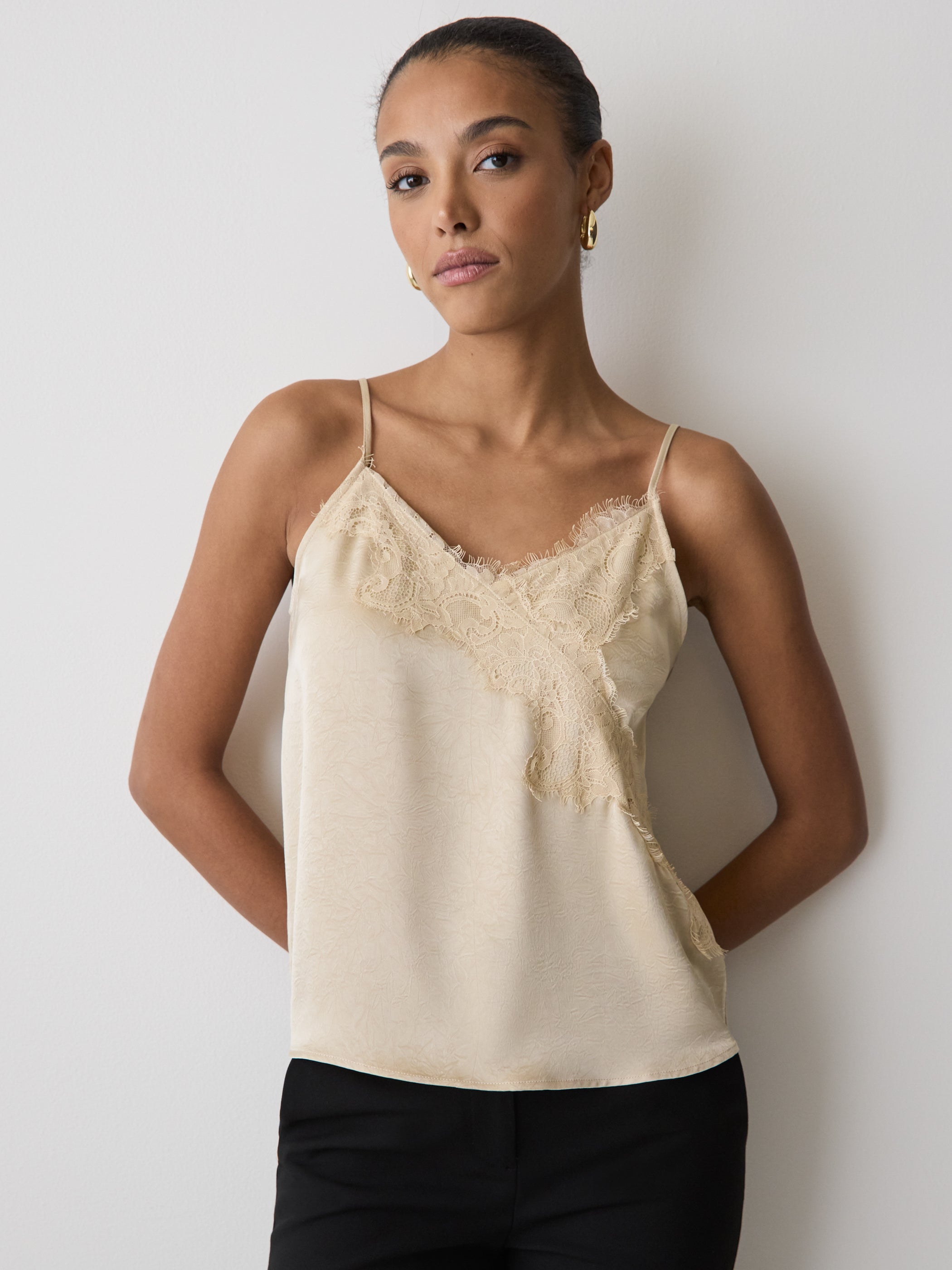 Sleeveless V-Neck Satin Blouse with Lace Trim rw&co Limited Time Discount