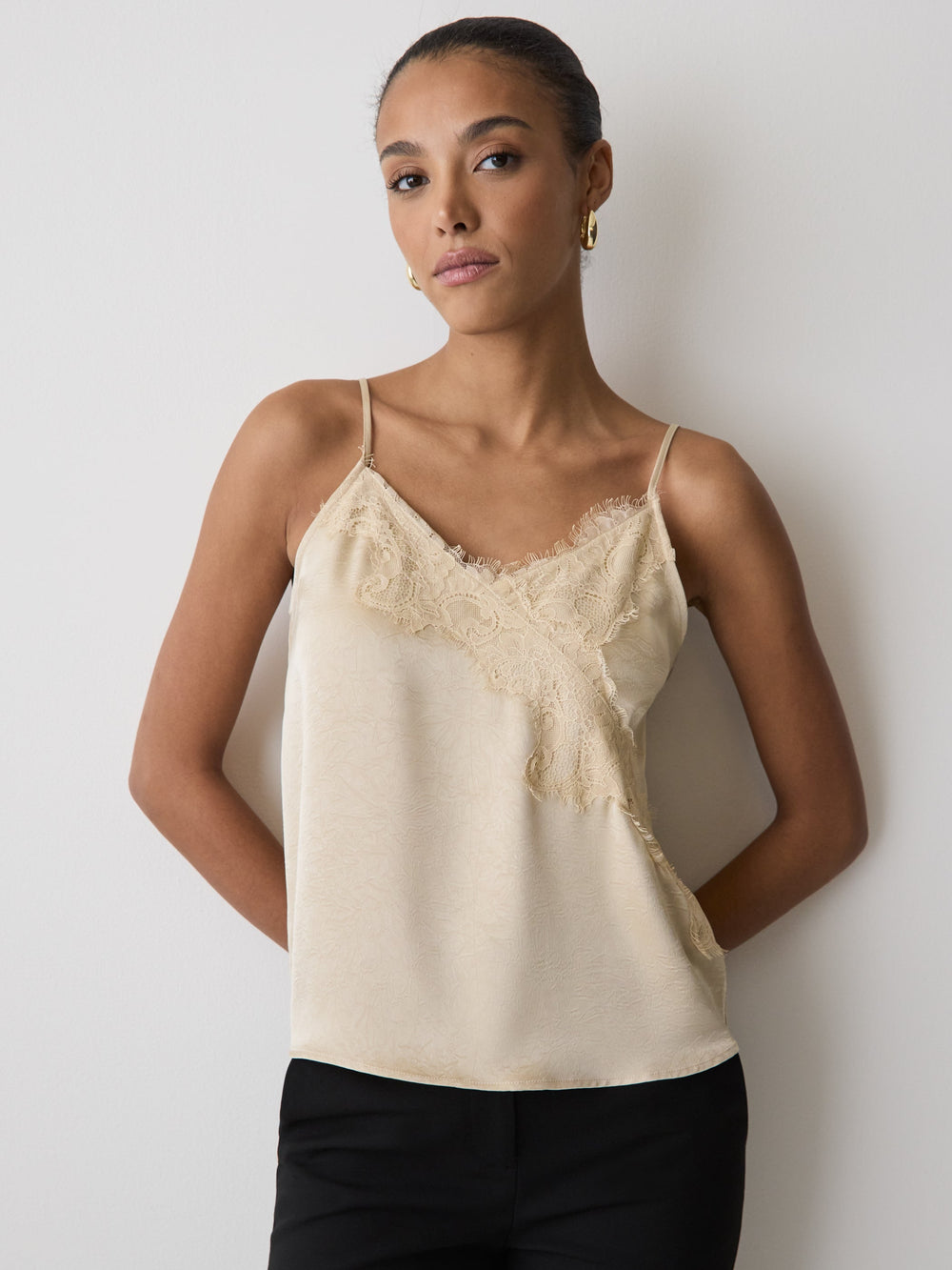 Sleeveless V-Neck Satin Blouse with Lace Trim rw&co Limited Time Discount